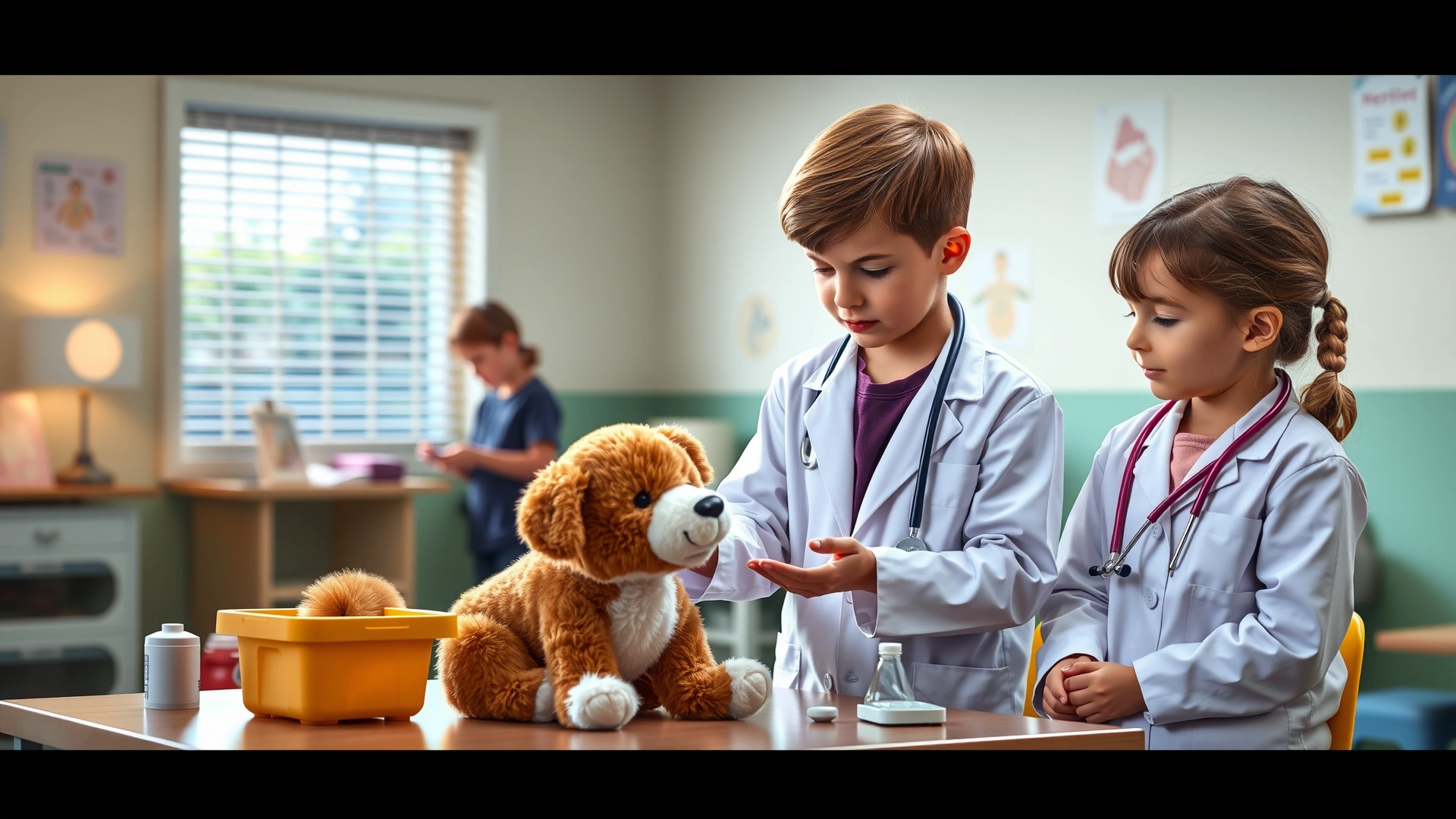 Children in white lab coats and stethoscopes examining a plush toy in a mock veterinary clinic setting at a summer camp.