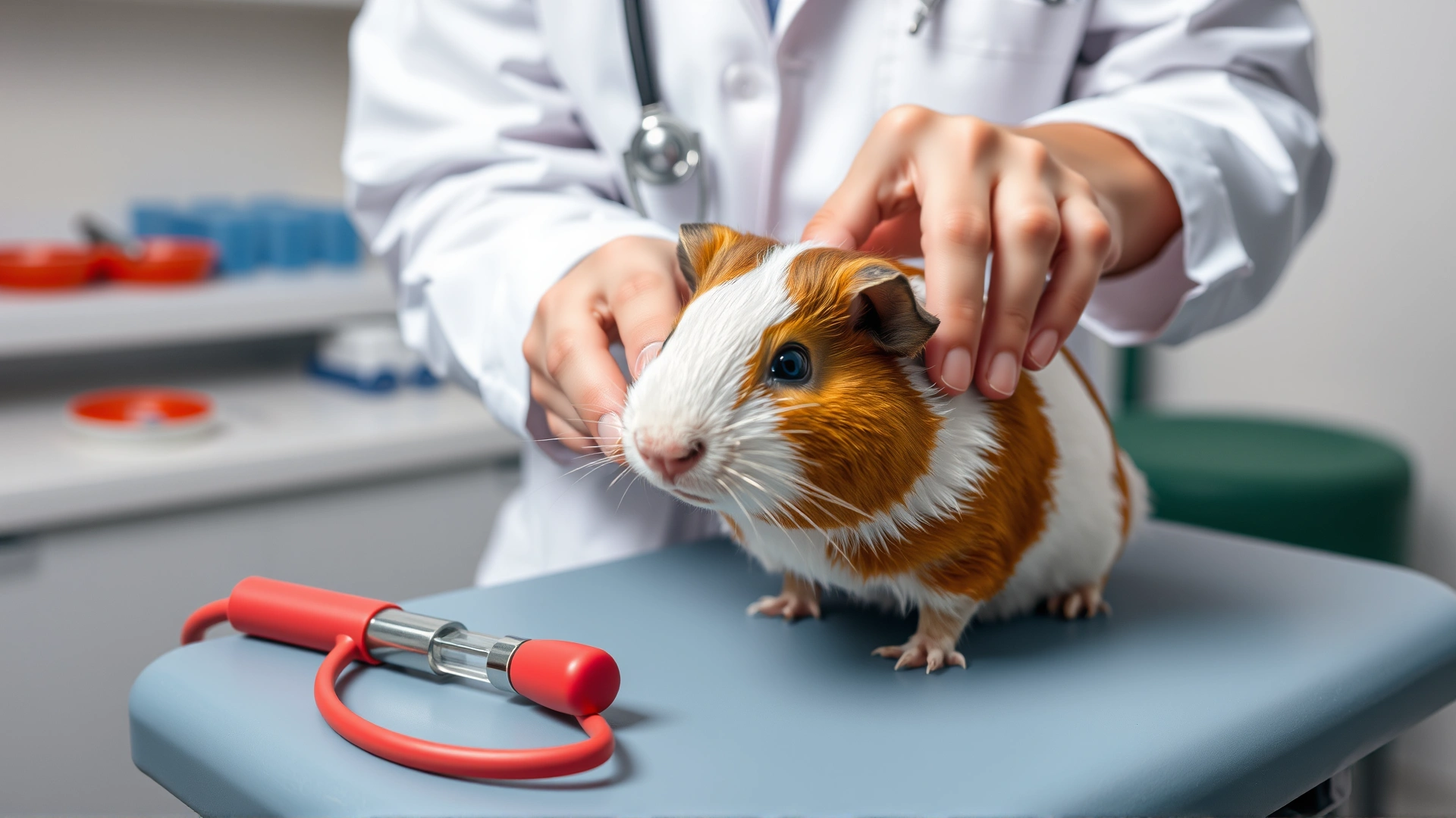 Photo of a veterinarian applying a bandage to a guinea pig's paw on an examination table, highlighting professional care.