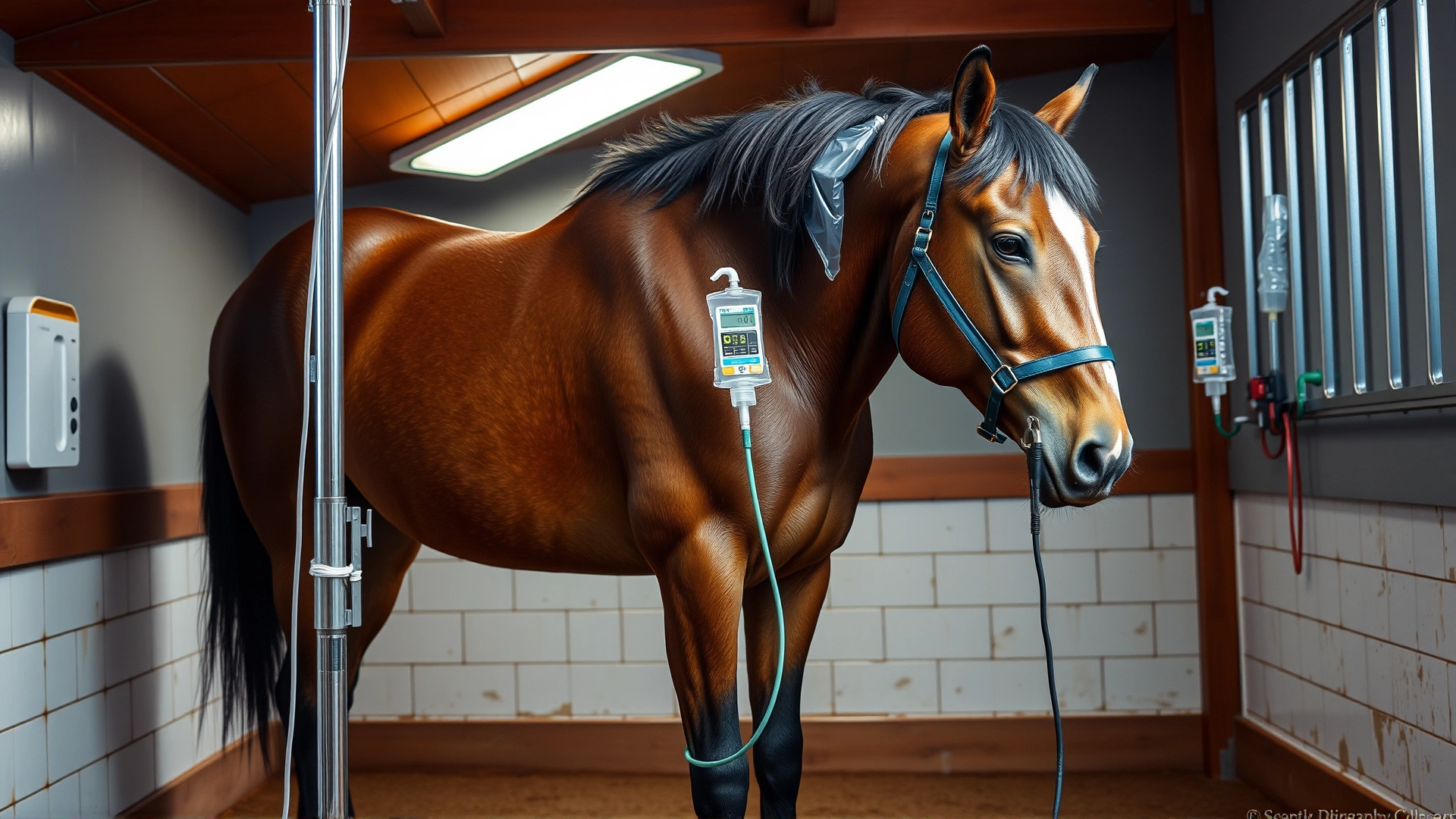 An indoor equine medical stall with IV fluids attached to a standing horse, depicting supportive care; no text