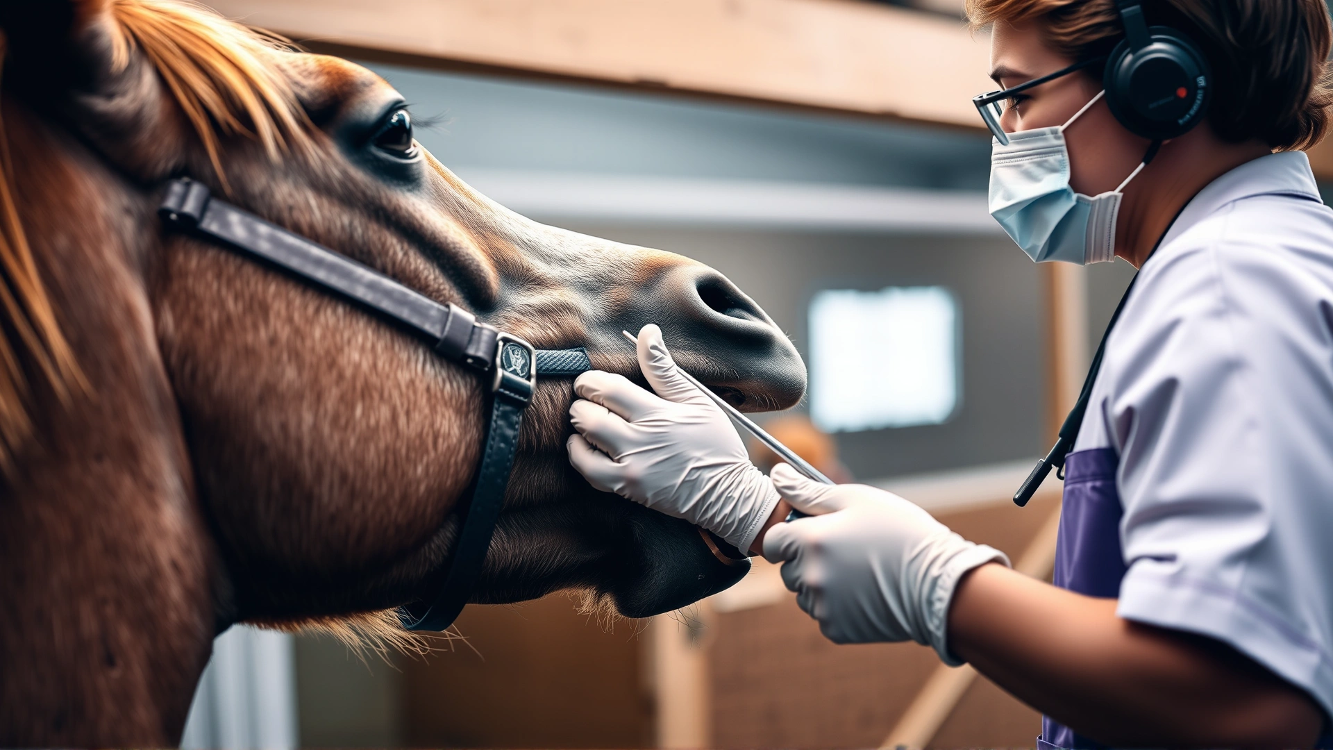 Scene of a veterinarian wearing gloves gently examining a horse's mouth using a speculum, inside a stable. Professional setting, realistic colors.