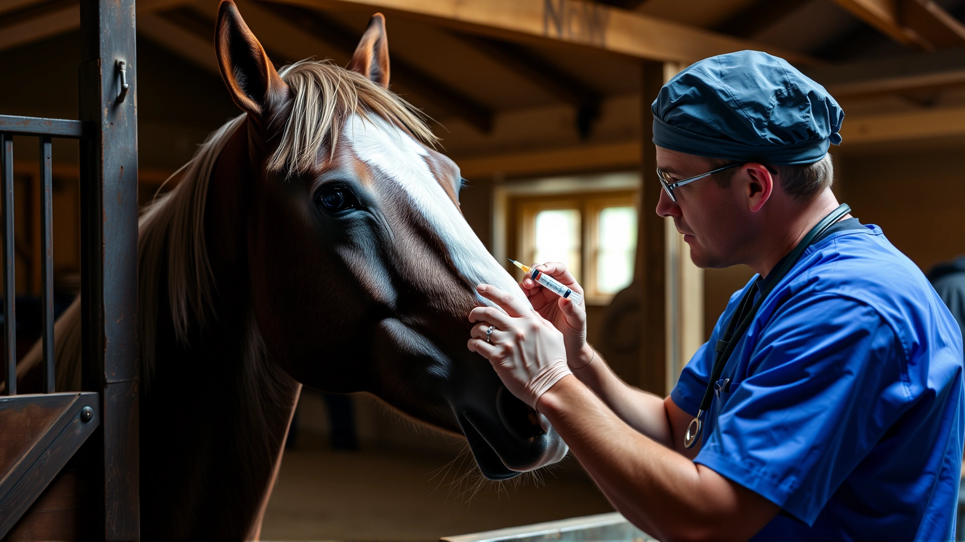 Veterinarian in a barn administering medication to a horse using a syringe, demonstrating professional treatment and care.