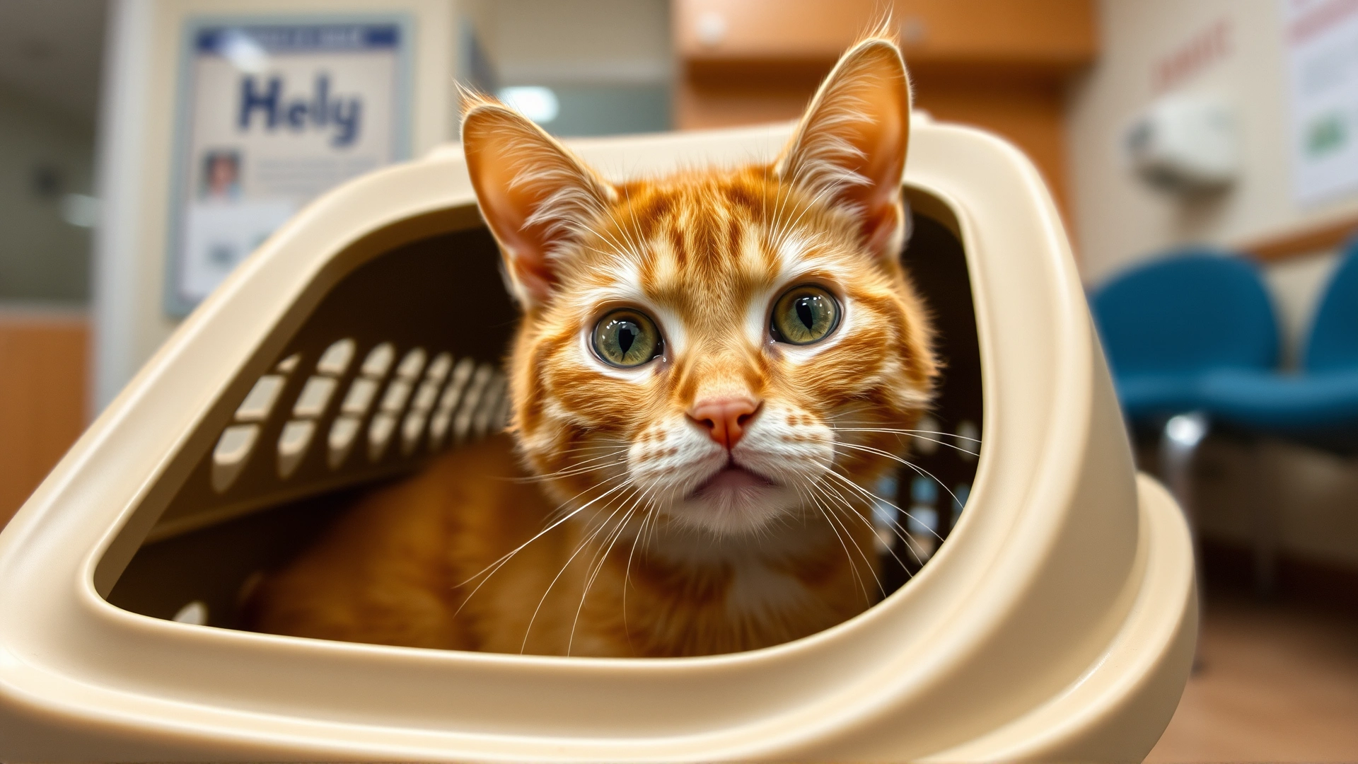 Orange cat peering nervously from inside a pet carrier in a veterinary clinic waiting room