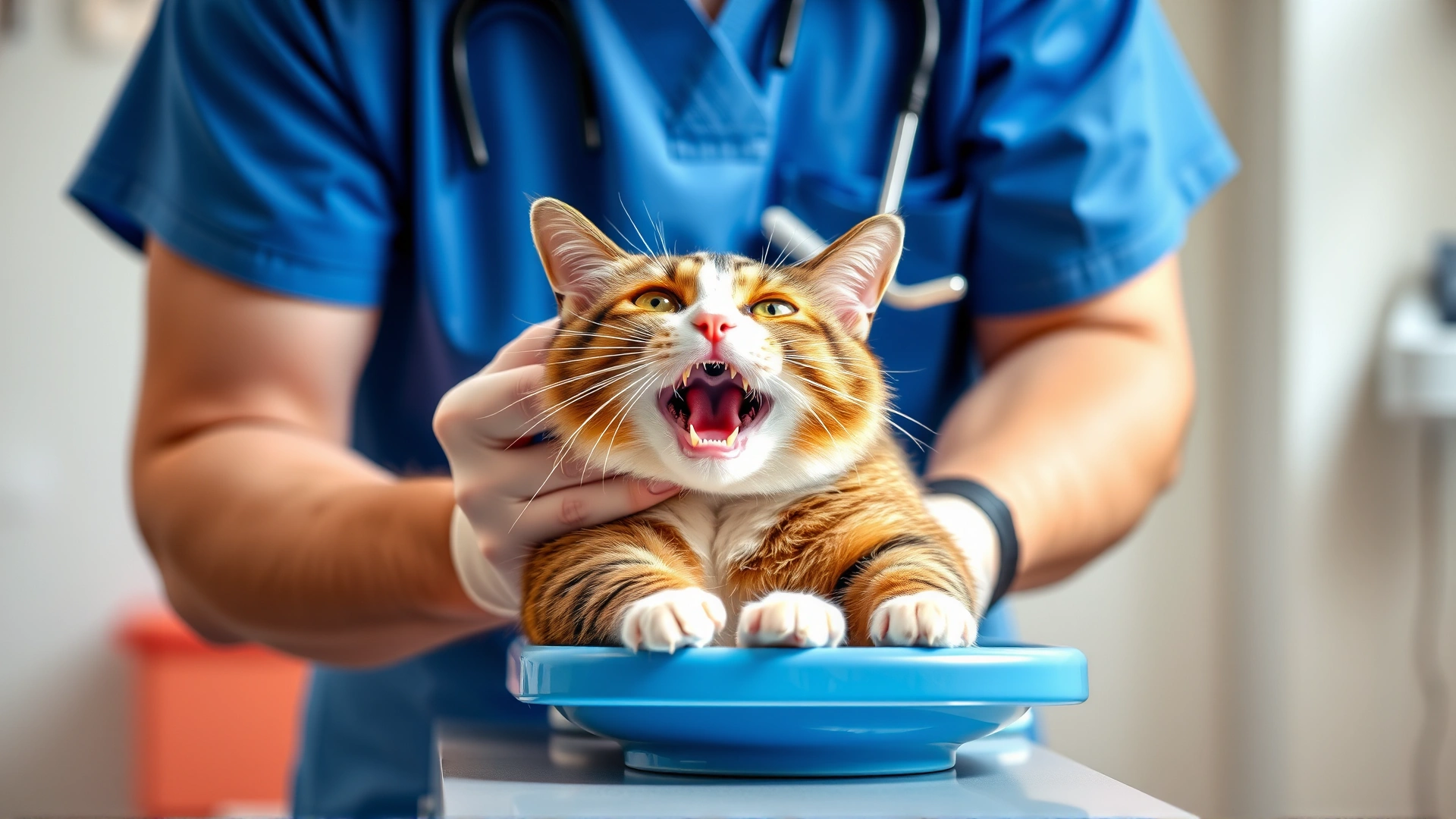 Veterinarian wearing blue scrubs examining a cat's mouth on an exam table, bright veterinary clinic background, no text