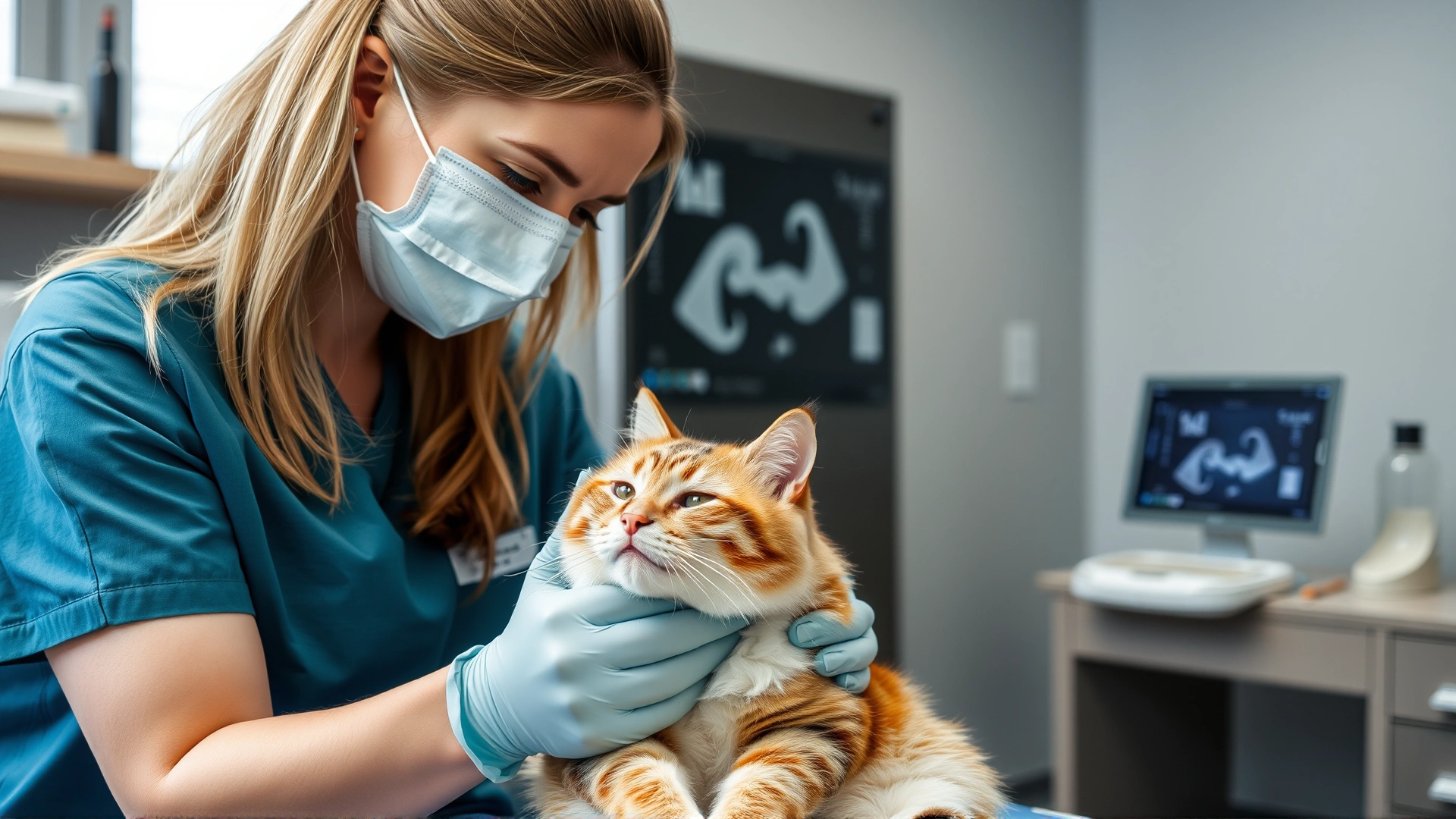 Female veterinarian performing an abdominal ultrasound on a relaxed domestic short-hair cat in a modern veterinary clinic.