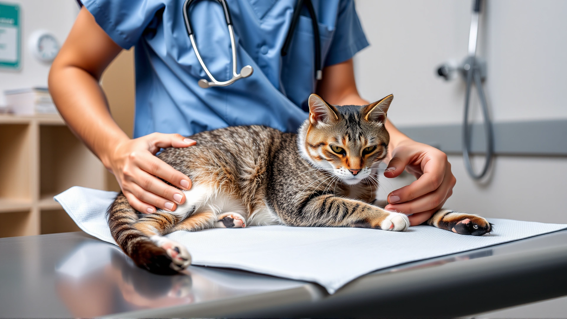 Veterinarian in scrubs gently palpating a calm adult cat's abdomen on examination table, clinic background, no text