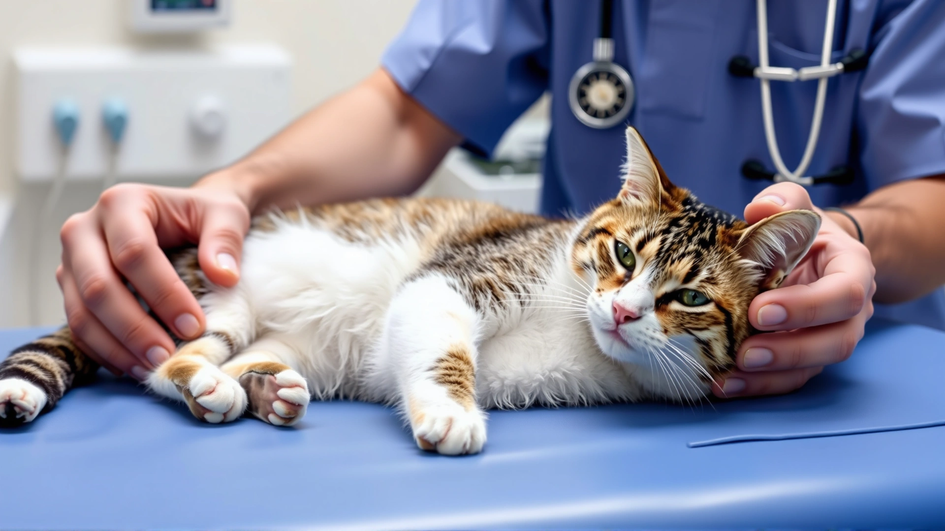 Veterinarian performing abdominal ultrasound on a calm cat lying on an examination table, medical equipment visible, no text