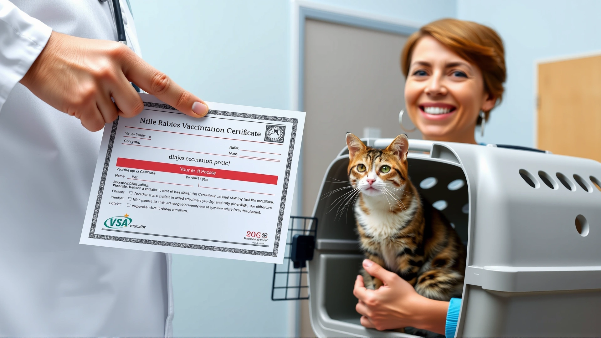 Veterinarian handing a rabies vaccination certificate to a smiling pet owner while the cat sits calmly in a carrier, paperwork with no readable text.
