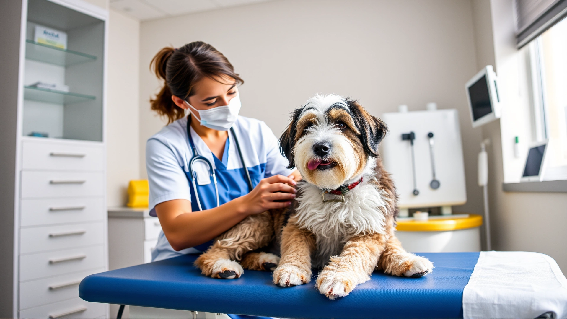 Veterinarian examining an Aussiedoodle on a clinic table while the dog looks calm and relaxed, bright clinical setting with modern equipment.