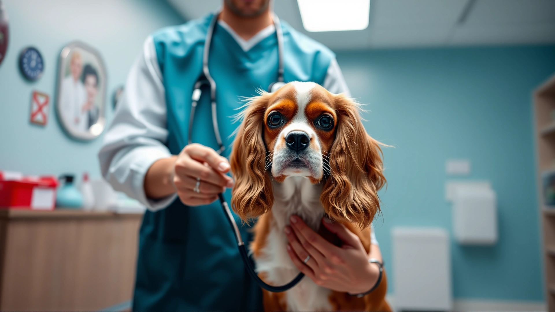 A veterinarian holding a stethoscope to a Cavalier King Charles Spaniel’s chest in a modern, well-lit clinic