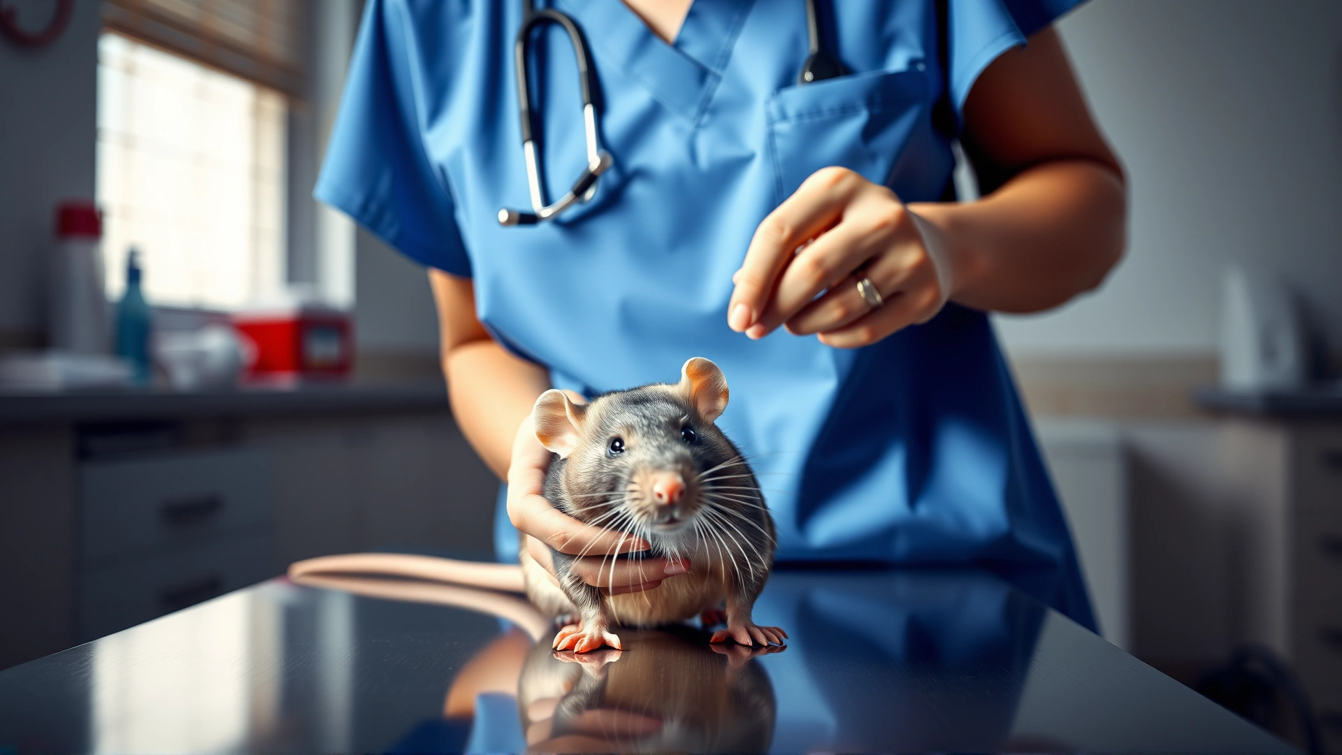 Veterinarian in scrubs examining a rat with a stethoscope on a clinic table, bright clean environment.