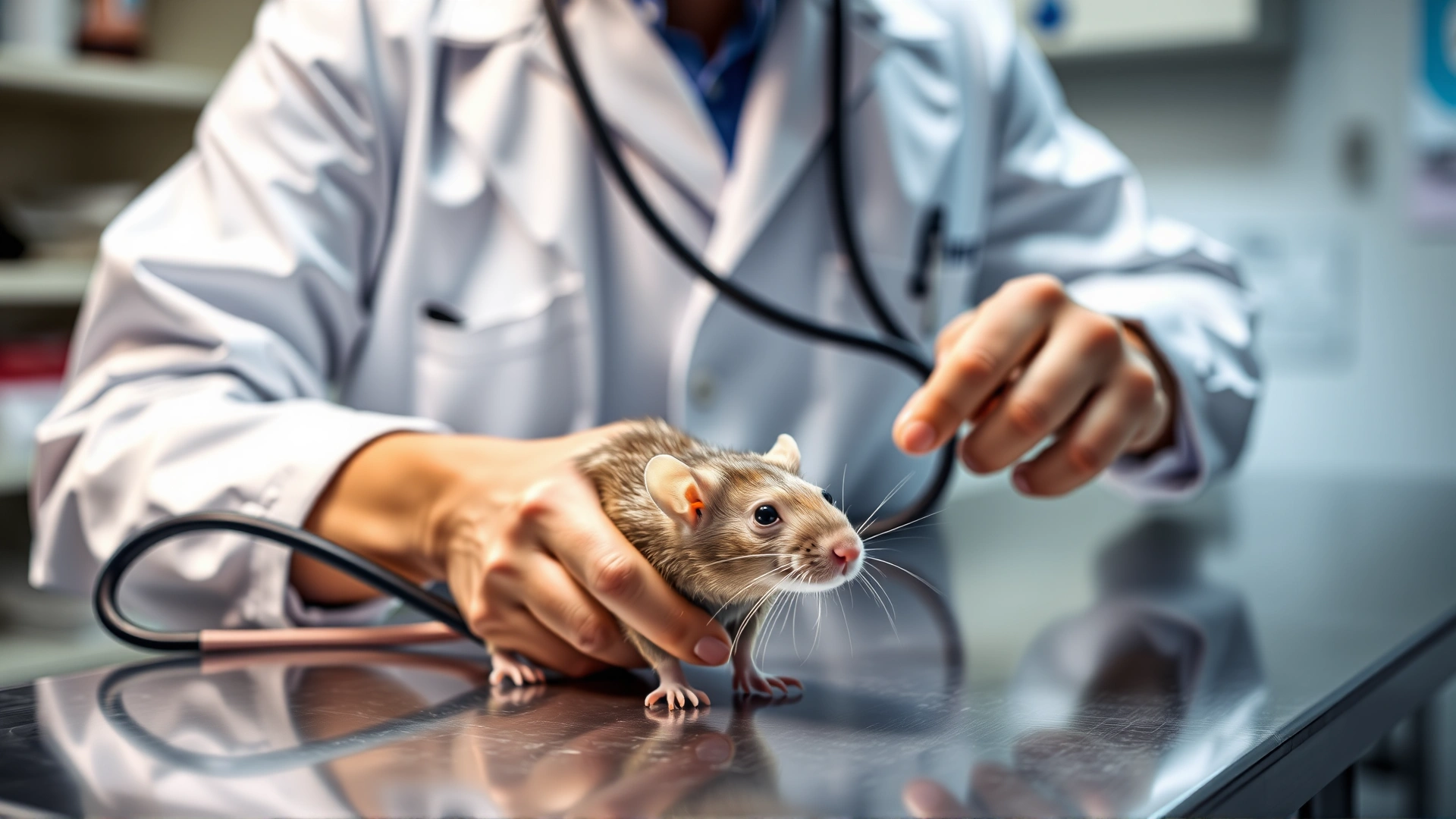Veterinarian wearing white coat inspecting a pet rat with a stethoscope on a stainless steel exam table, clinic background blurred