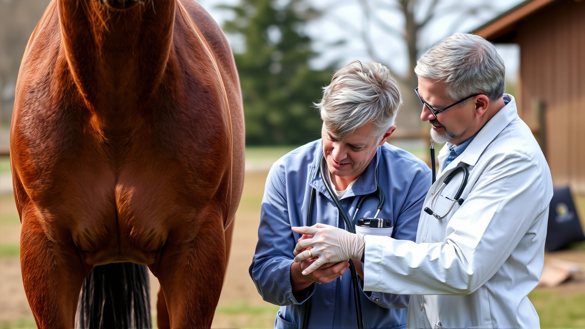 Equine veterinarian examining an American Saddlebred's front leg outdoors, with medical bag and stethoscope visible.