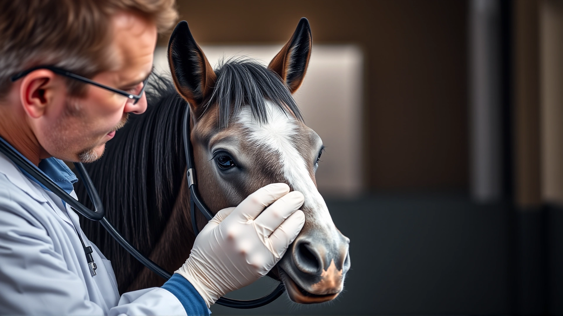 Equine veterinarian using a stethoscope on a miniature horse during a health check