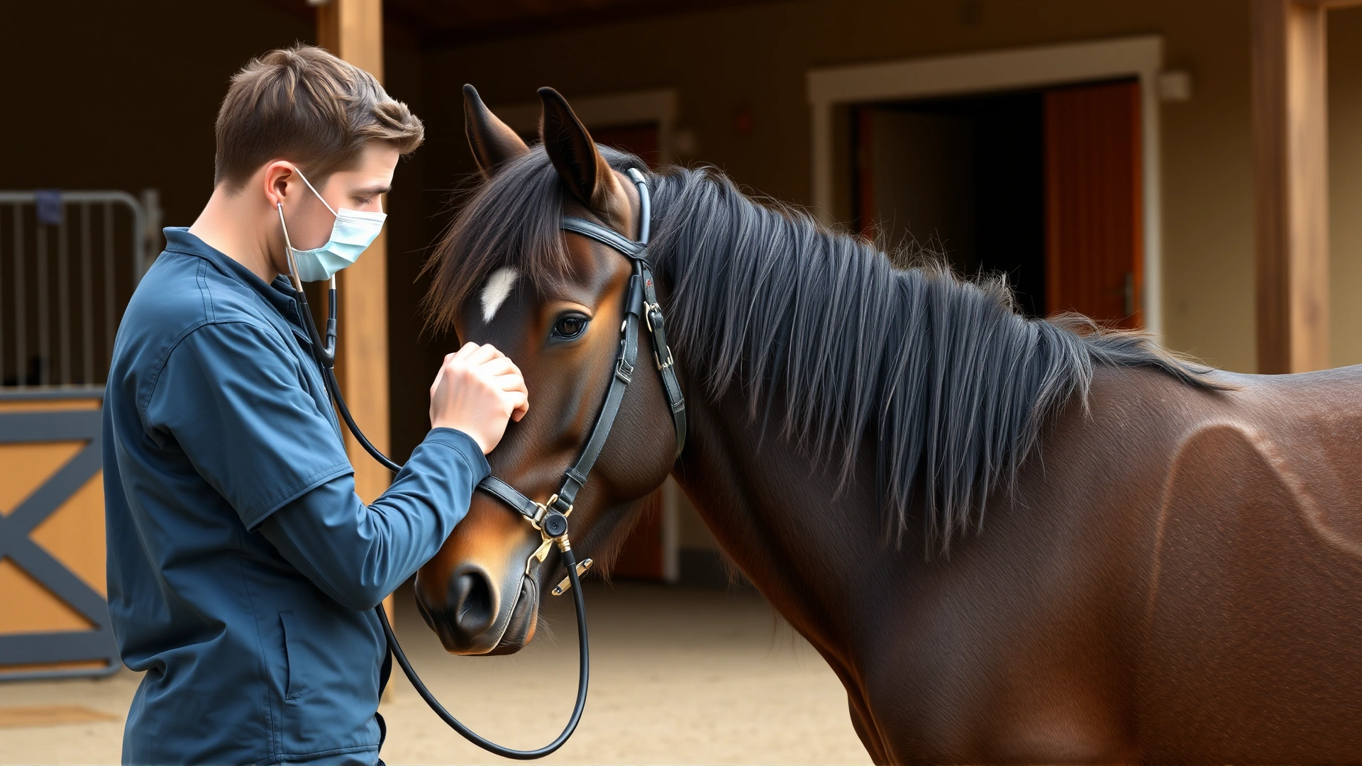Equine veterinarian using a stethoscope to check the heartbeat of a calm German Riding Pony in a stable courtyard