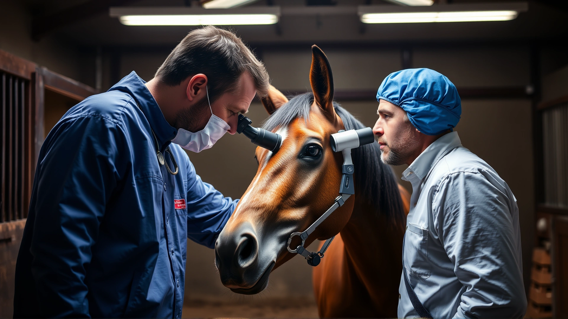 Equine veterinarian examining a Knabstrupper’s eye with an ophthalmoscope in a well-lit barn, calm horse handler present, no text
