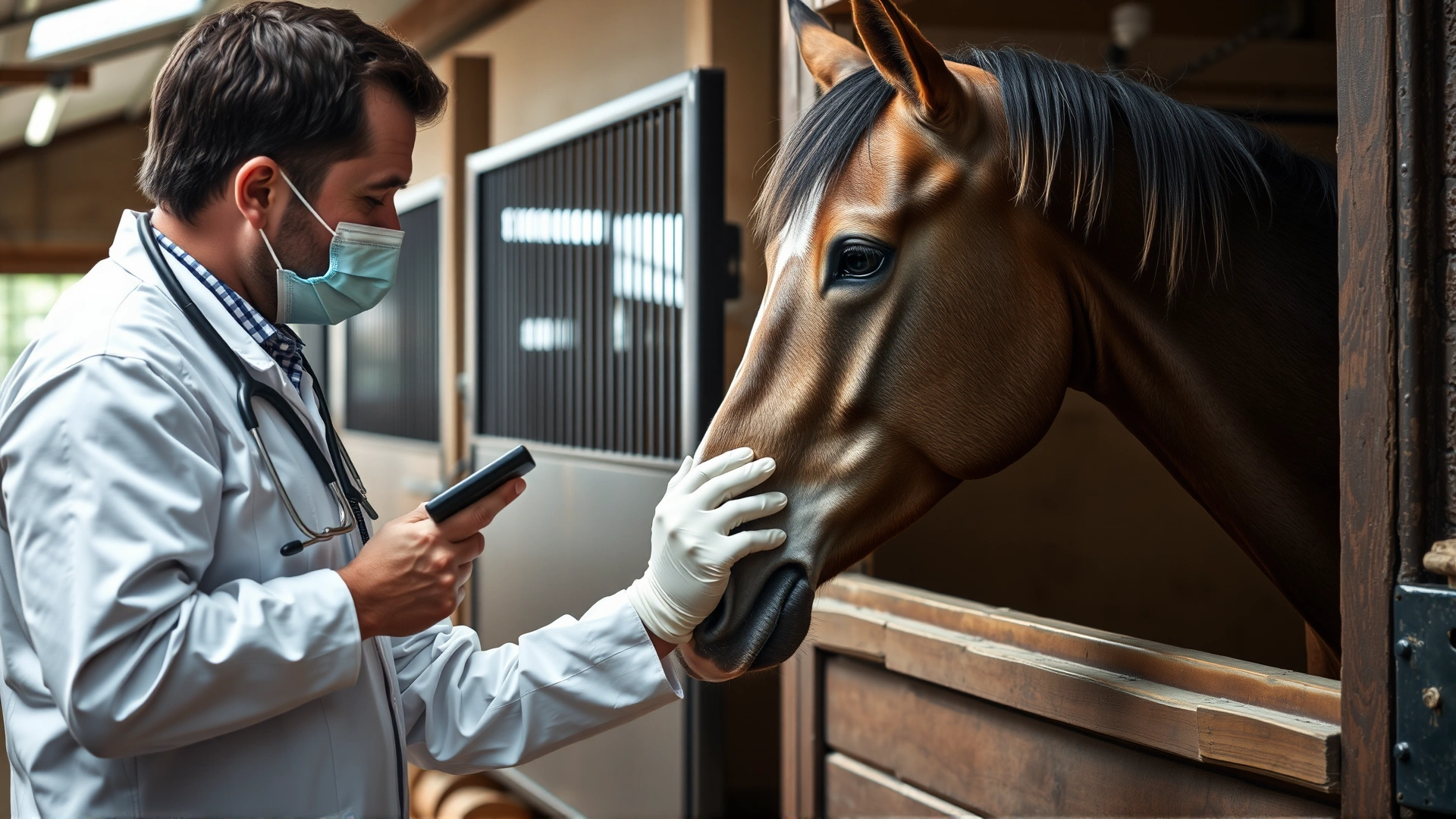 A veterinarian examining a calm horse’s foreleg inside a stable, highlighting pre-purchase health checks.