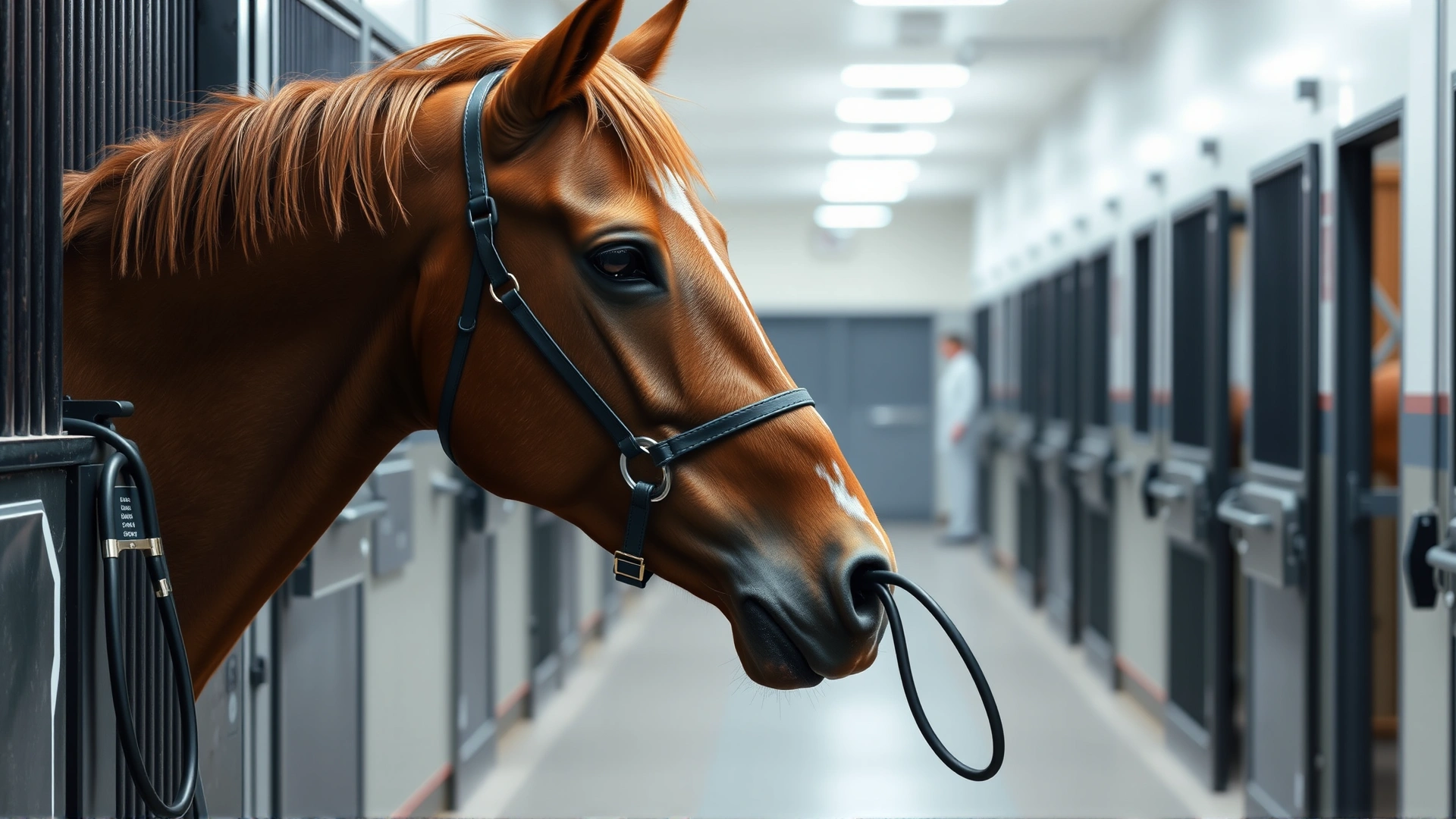 Equine veterinarian gently examining a chestnut horse in a clean stable aisle, stethoscope visible, no text