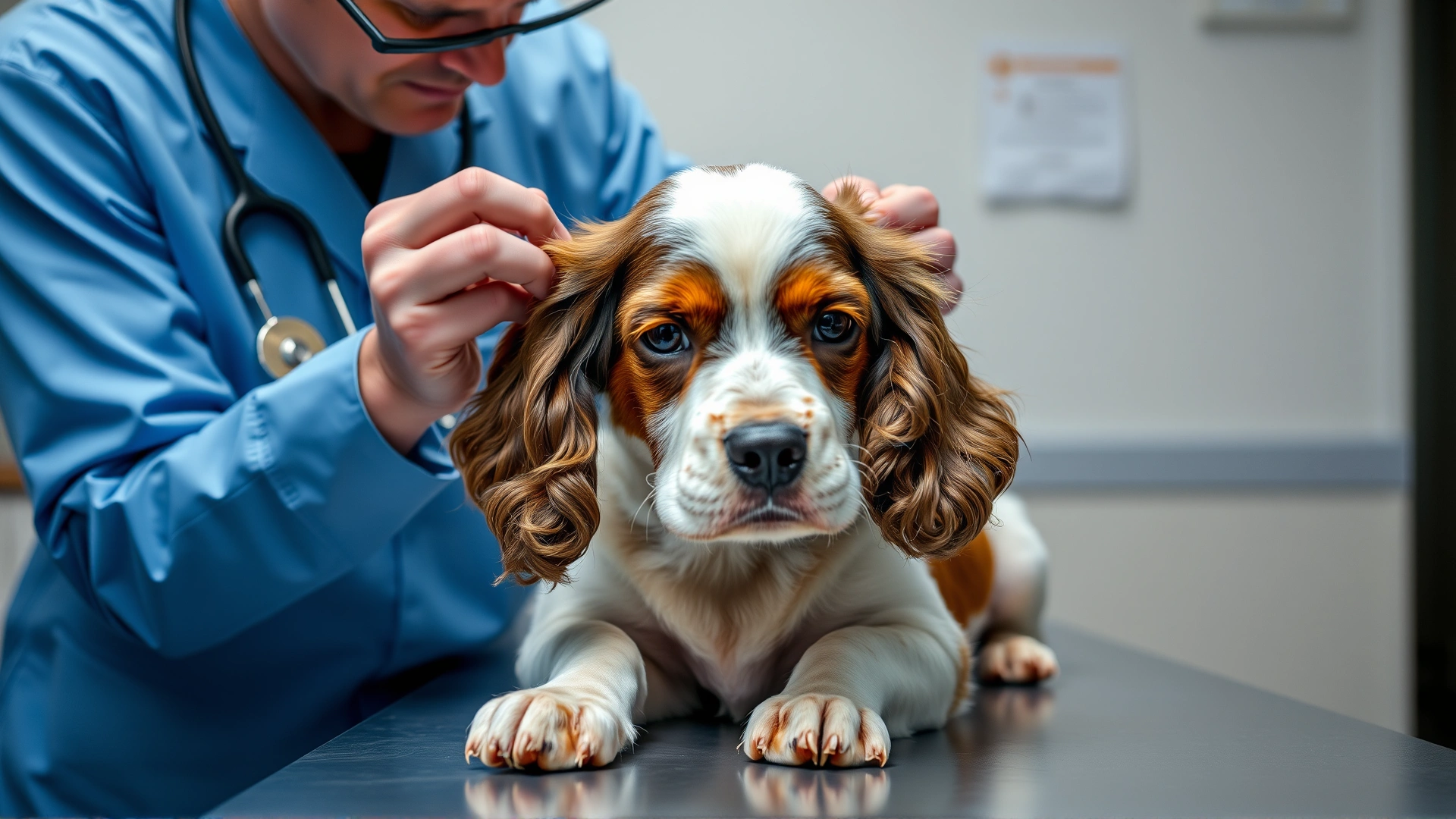 A veterinarian examining the ears of a calm Clumber Spaniel on an exam table.
