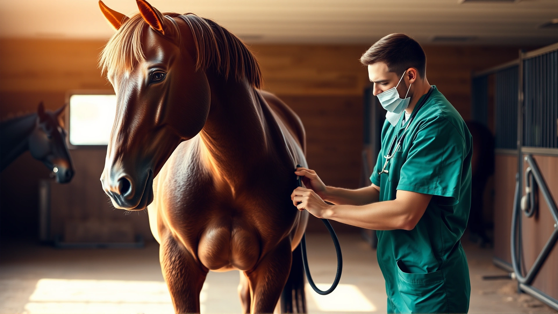 Veterinarian in green scrubs calmly examining a horse’s front leg in a spacious stable, soft morning light