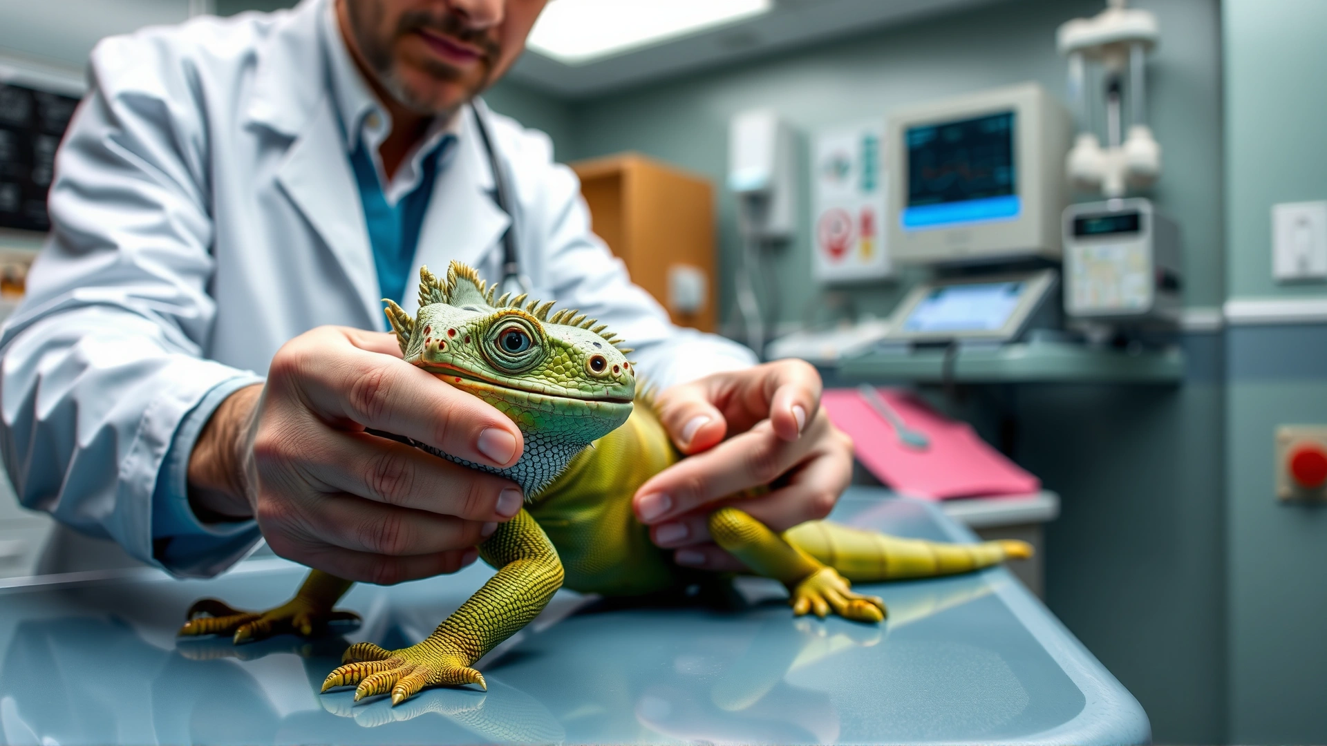 Veterinarian in a white coat examining a green iguana on a clinic table with medical equipment in the background.