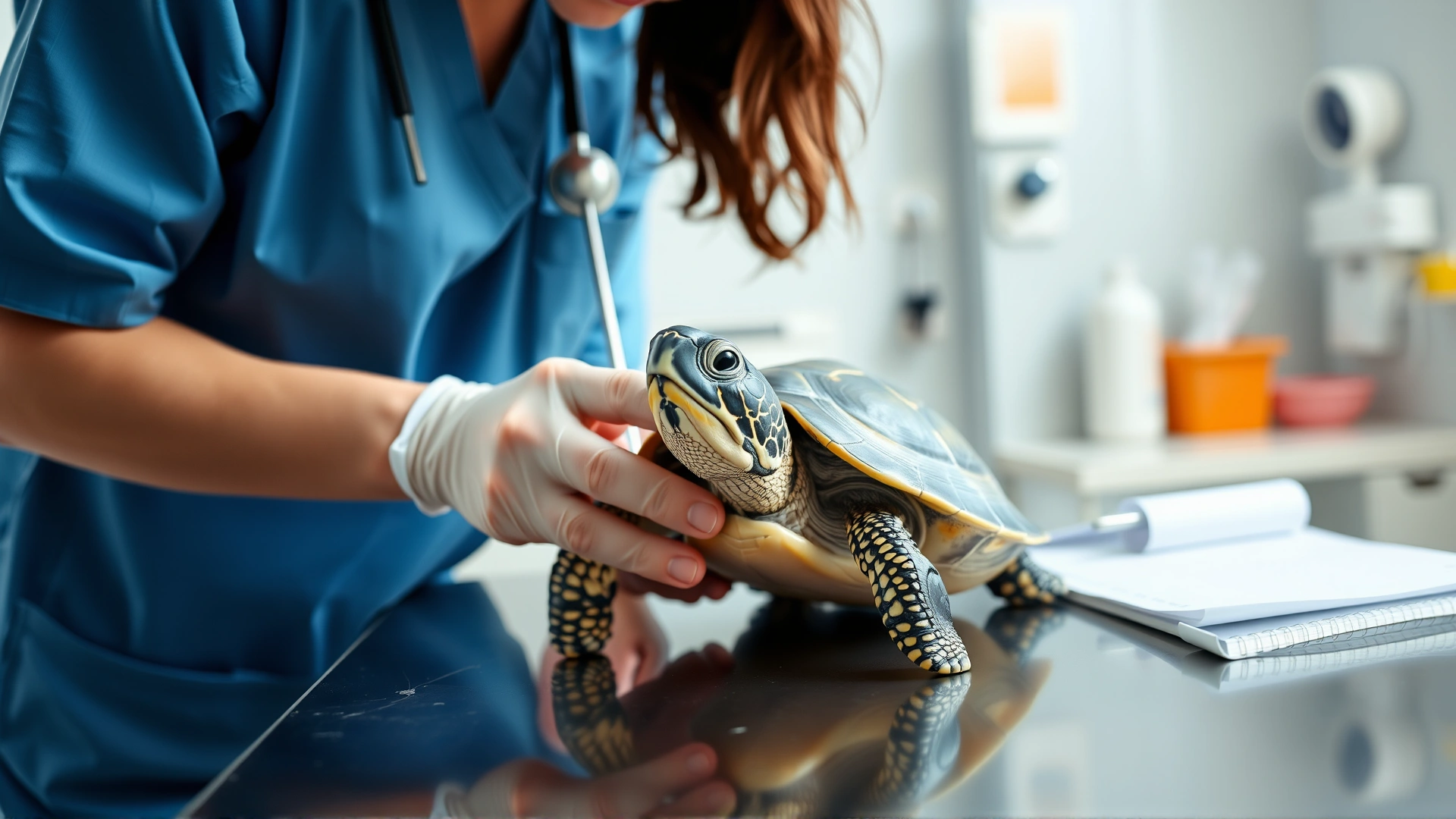 Veterinarian in scrubs examining a turtle on a clinic table, friendly atmosphere, professional environment