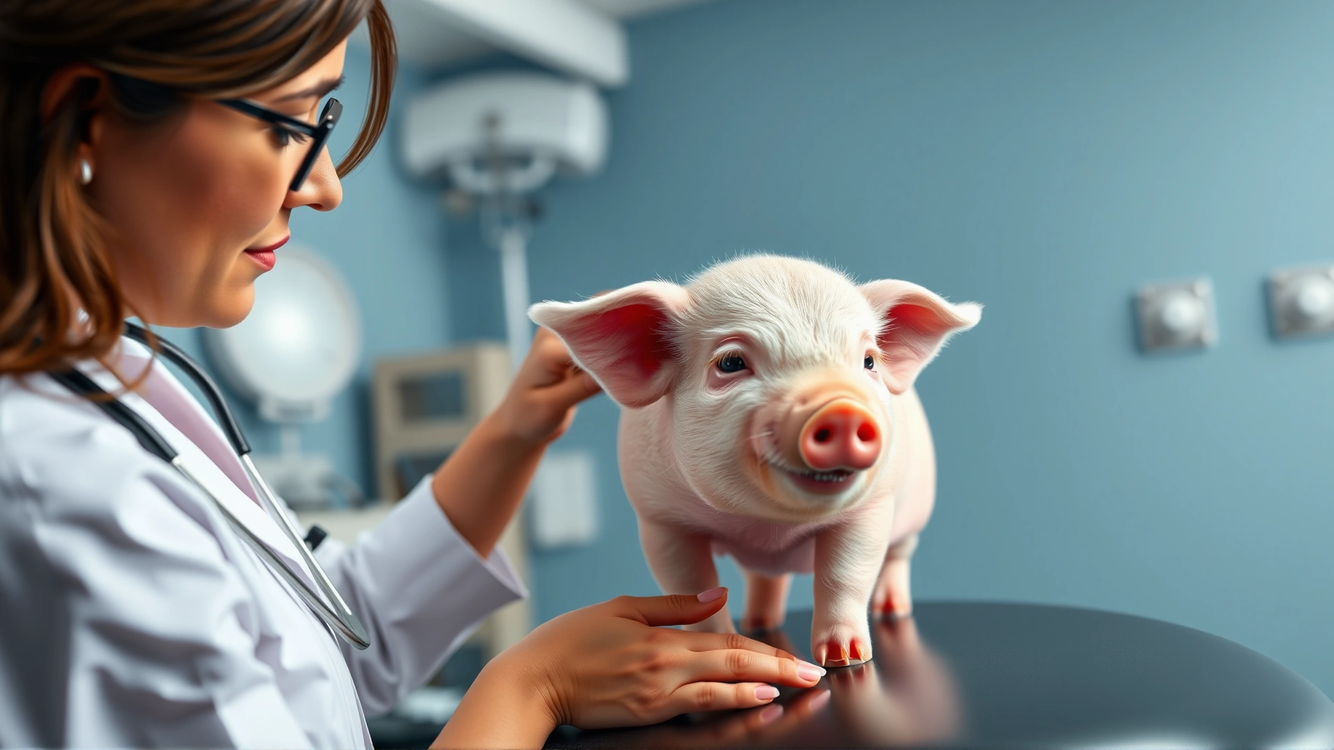 Veterinarian in a clinic gently examining a miniature pig on an examination table, stethoscope visible, professional setting, well-lit