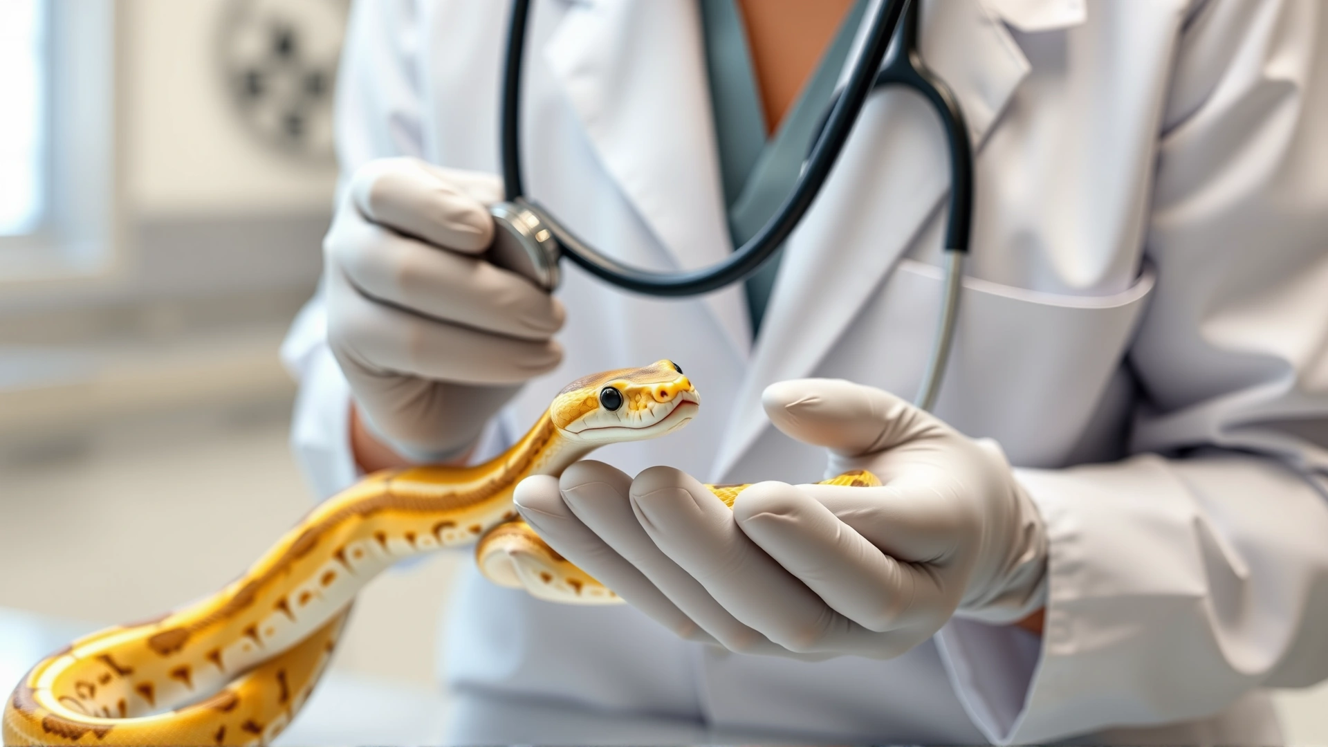 Veterinarian wearing gloves examining a corn snake with a stethoscope in a clean clinical setting, highlighting professional care.