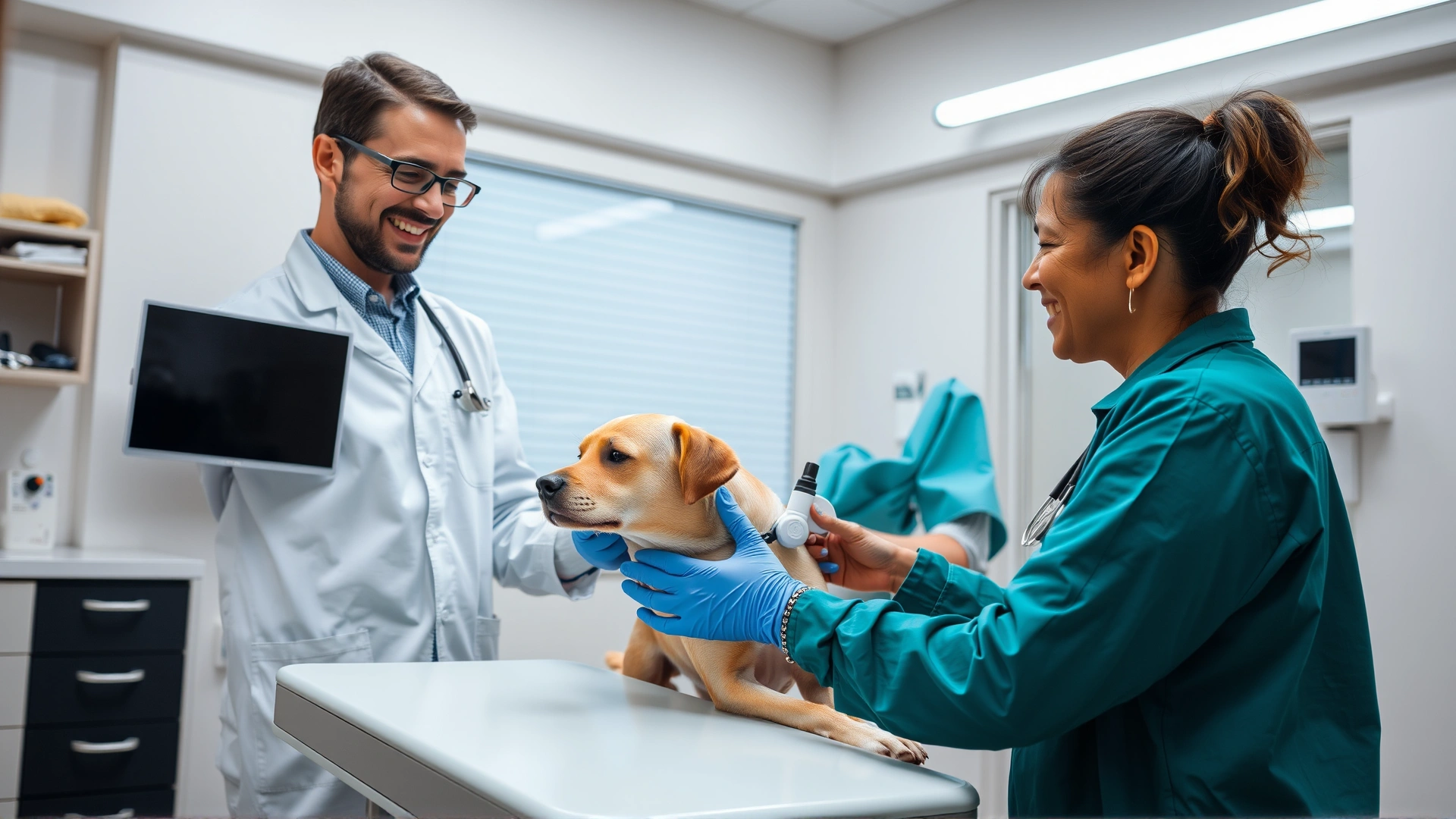 Smiling veterinarian examining a dog on an exam table in a modern clinic, conveying professional care advice.