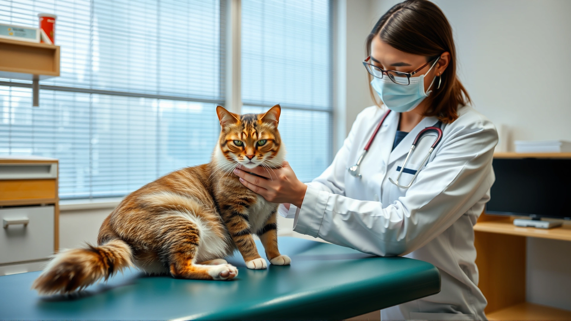 Friendly veterinarian gently examining a calm cat on an exam table inside a modern clinic.