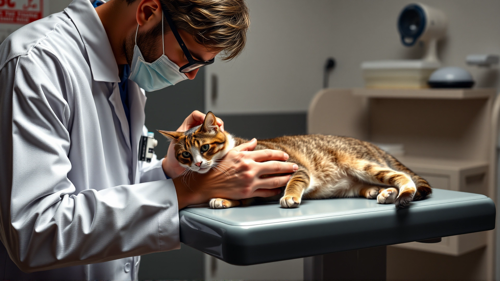 A veterinarian in a clinic gently examining a cat on an examination table.