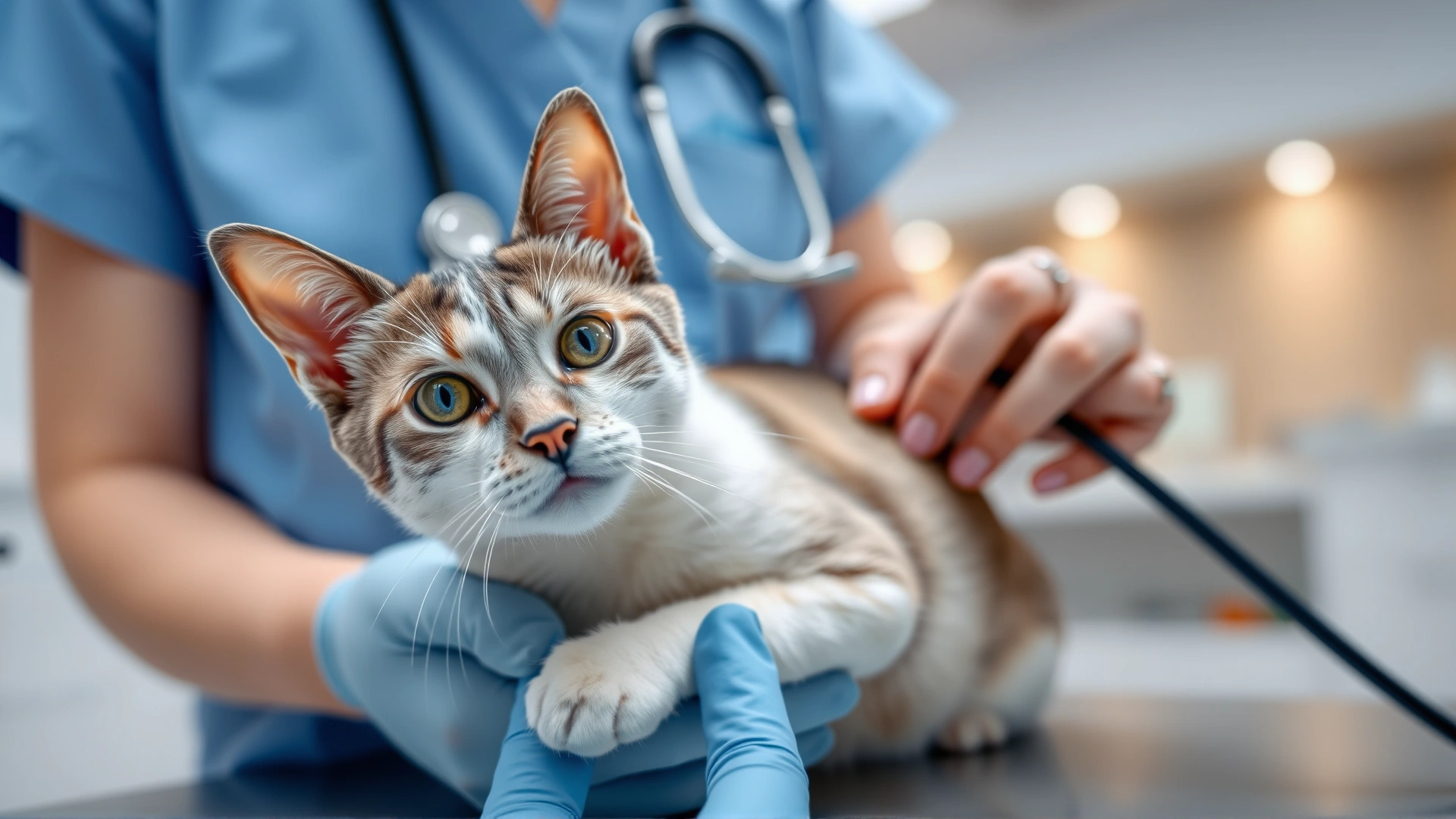 Colorpoint Shorthair cat being gently examined by a veterinarian in a modern clinic, stethoscope visible.