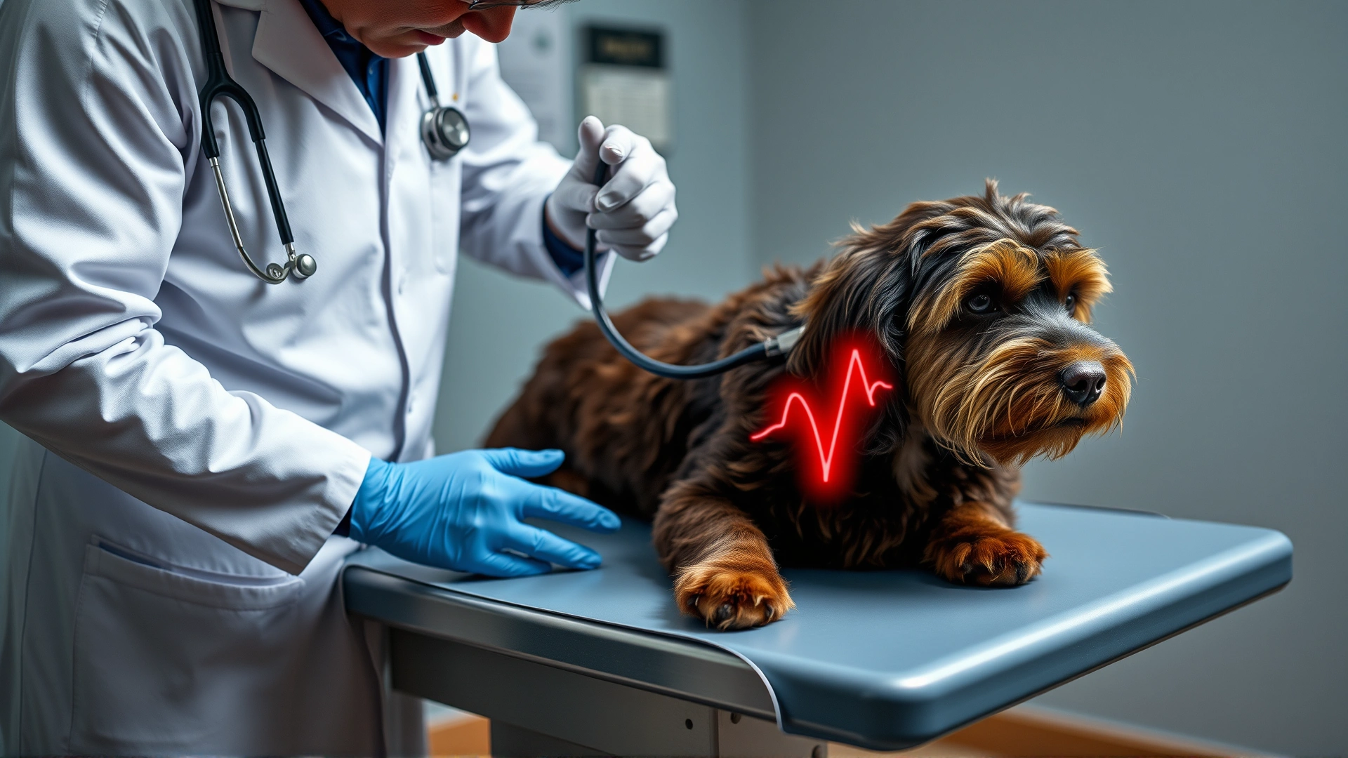 Veterinarian listening to the heartbeat of a Curly-Coated Retriever on an exam table with owner watching.
