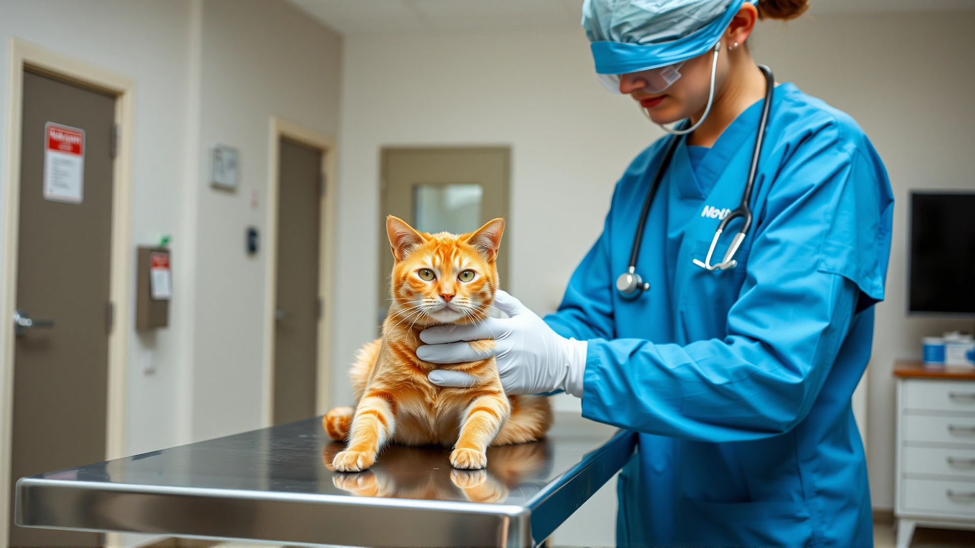 A veterinarian in blue scrubs gently examining a rescued ginger cat on a stainless-steel exam table inside a modern clinic.