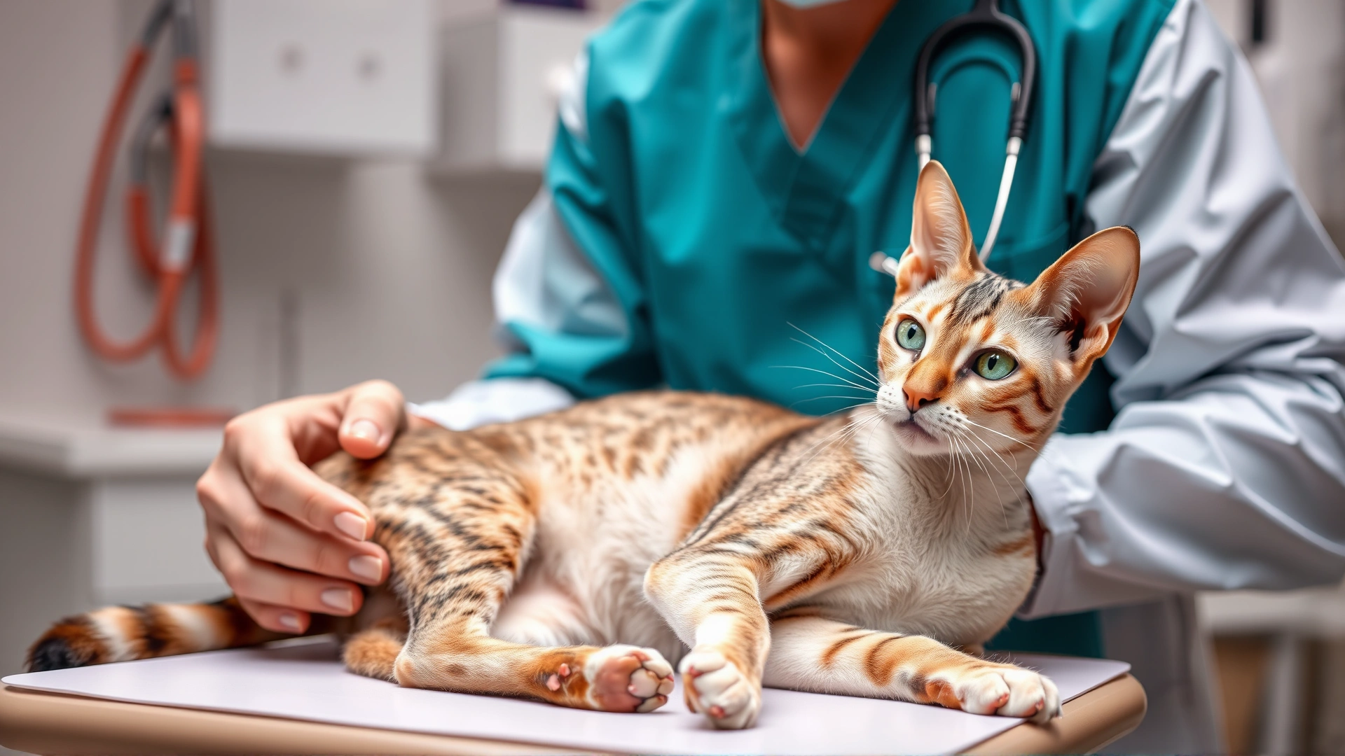 Veterinarian examining a Devon Rex cat on a clinic table with medical equipment in background.