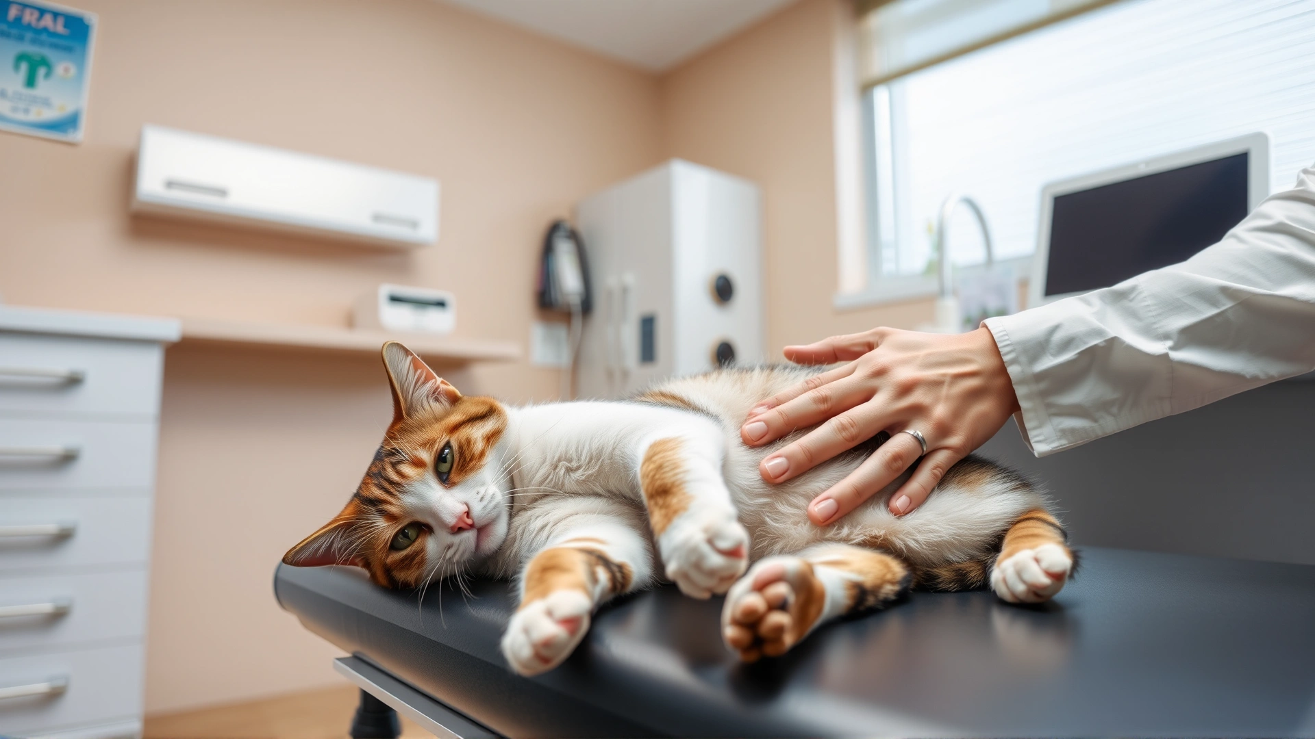 A veterinarian gently palpating a cat's abdomen on an exam table in a bright clinic room, both cat and vet calm.