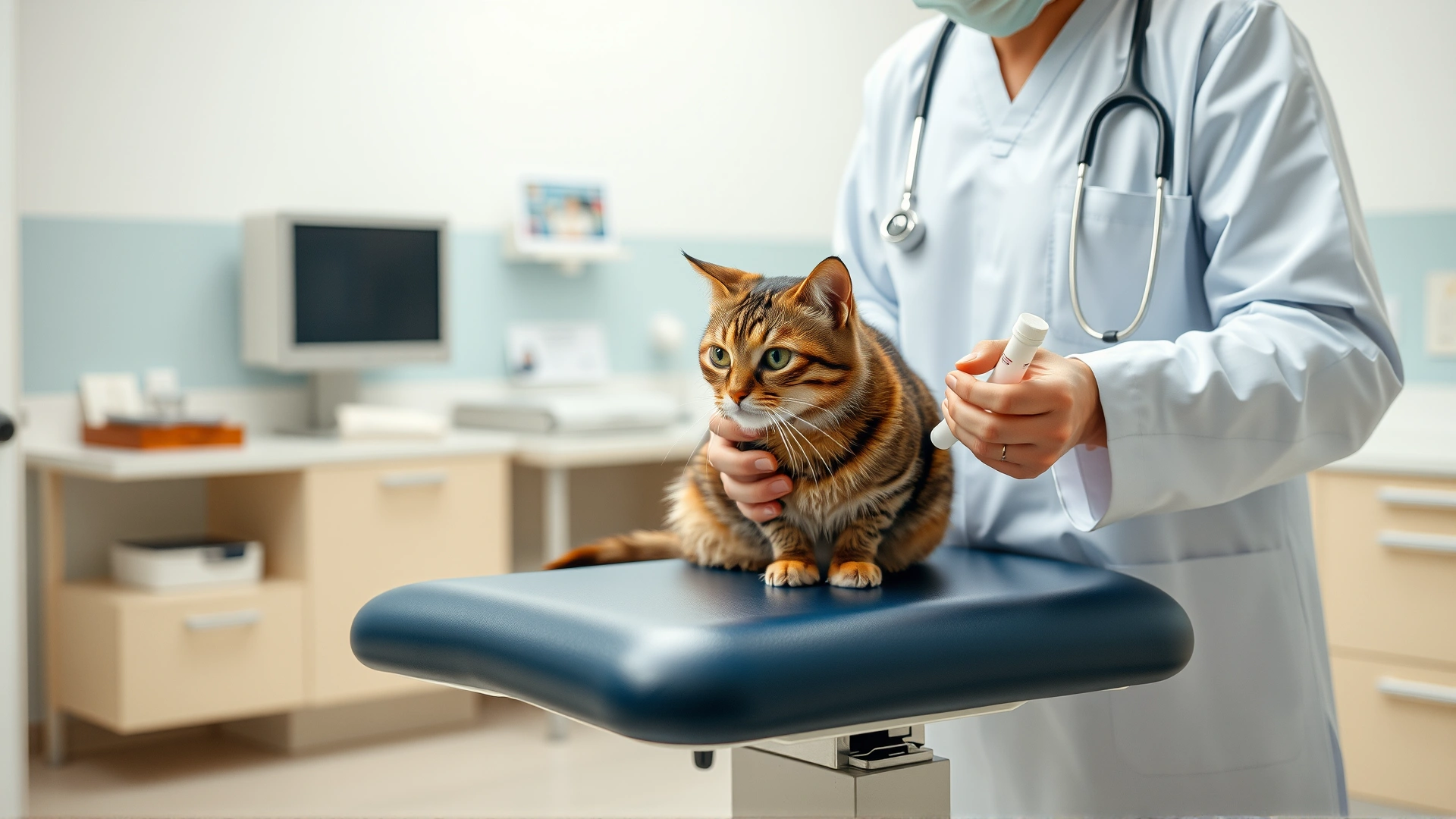 Veterinarian in a modern clinic gently examining a tabby cat on an examination table and preparing to collect a fecal sample, bright and clean environment