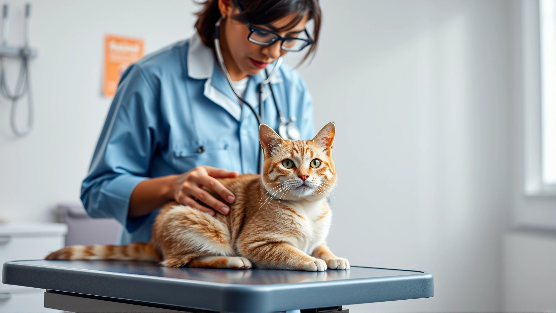 Veterinarian in a modern clinic examining a calm cat with a stethoscope, cat on exam table, bright and clean setting.