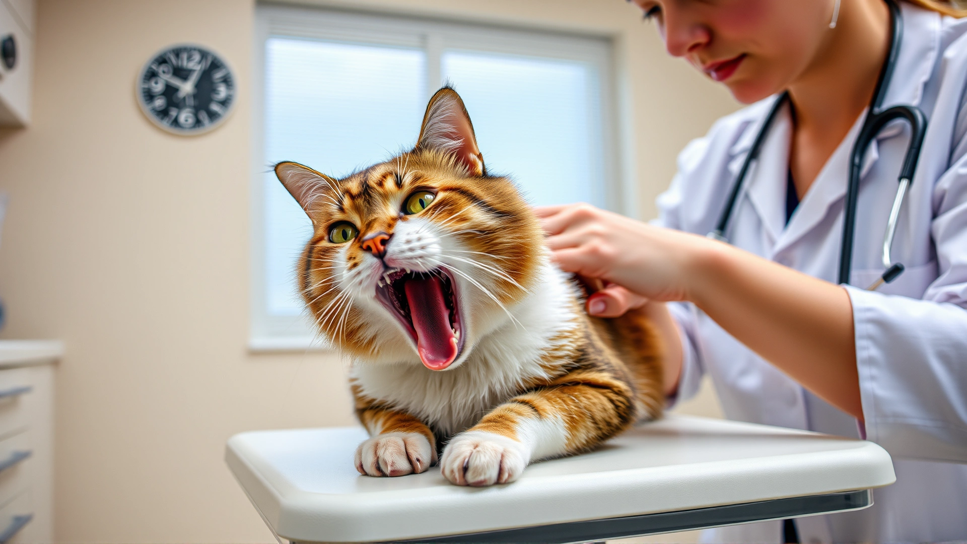 Veterinarian gently examining a cat’s mouth and tongue on an examination table in a bright clinic.