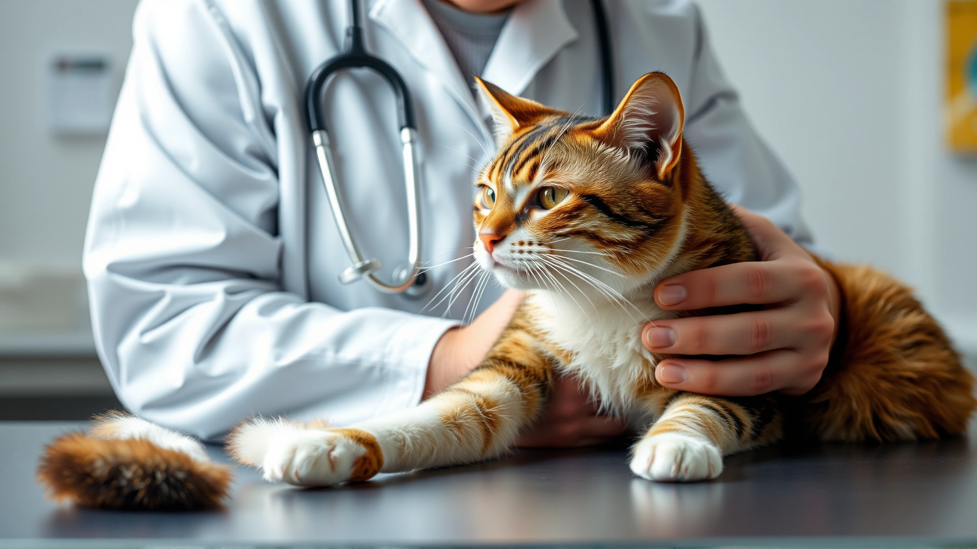 Veterinarian gently examining an overheated cat on a clinic table, with stethoscope around neck and caring expression