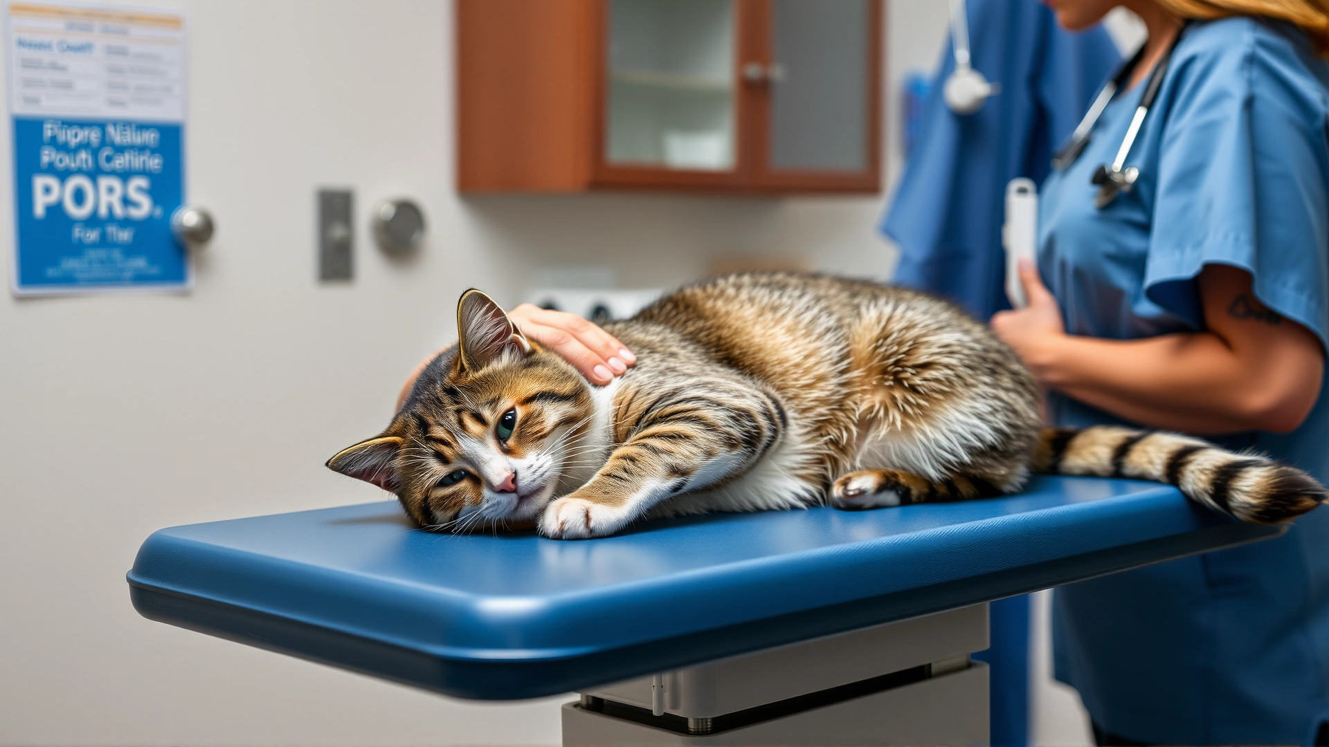 A veterinarian gently examining a calm cat on an exam table while the owner stands by, clinic setting.