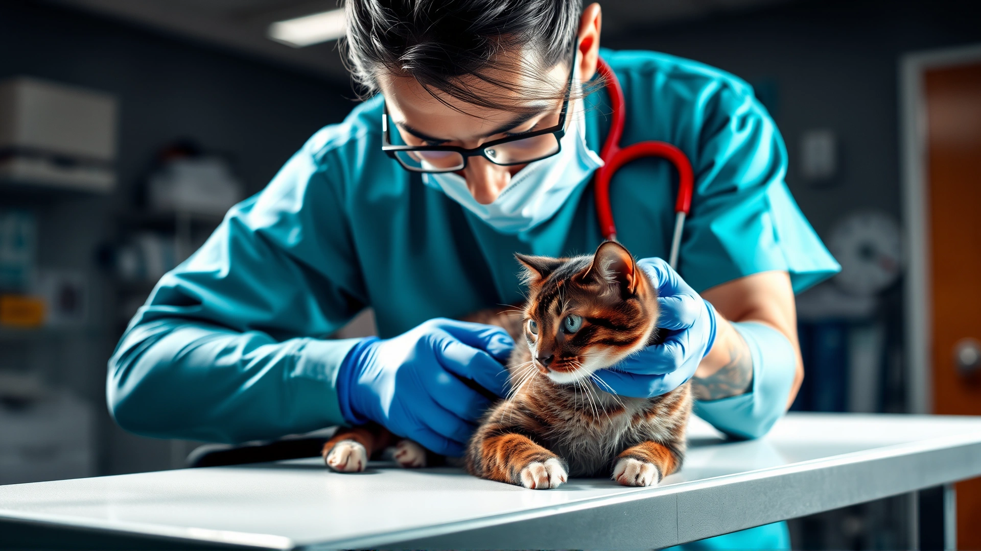 A veterinarian gently examining a cat on an examination table, clinical setting, bright lighting.