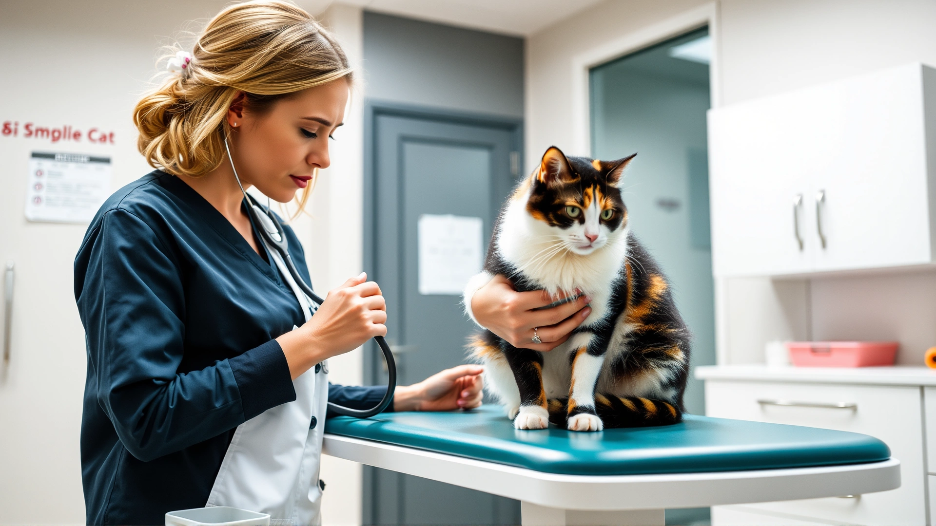 Veterinarian in a modern clinic gently examining a calico cat on an exam table while holding a stethoscope