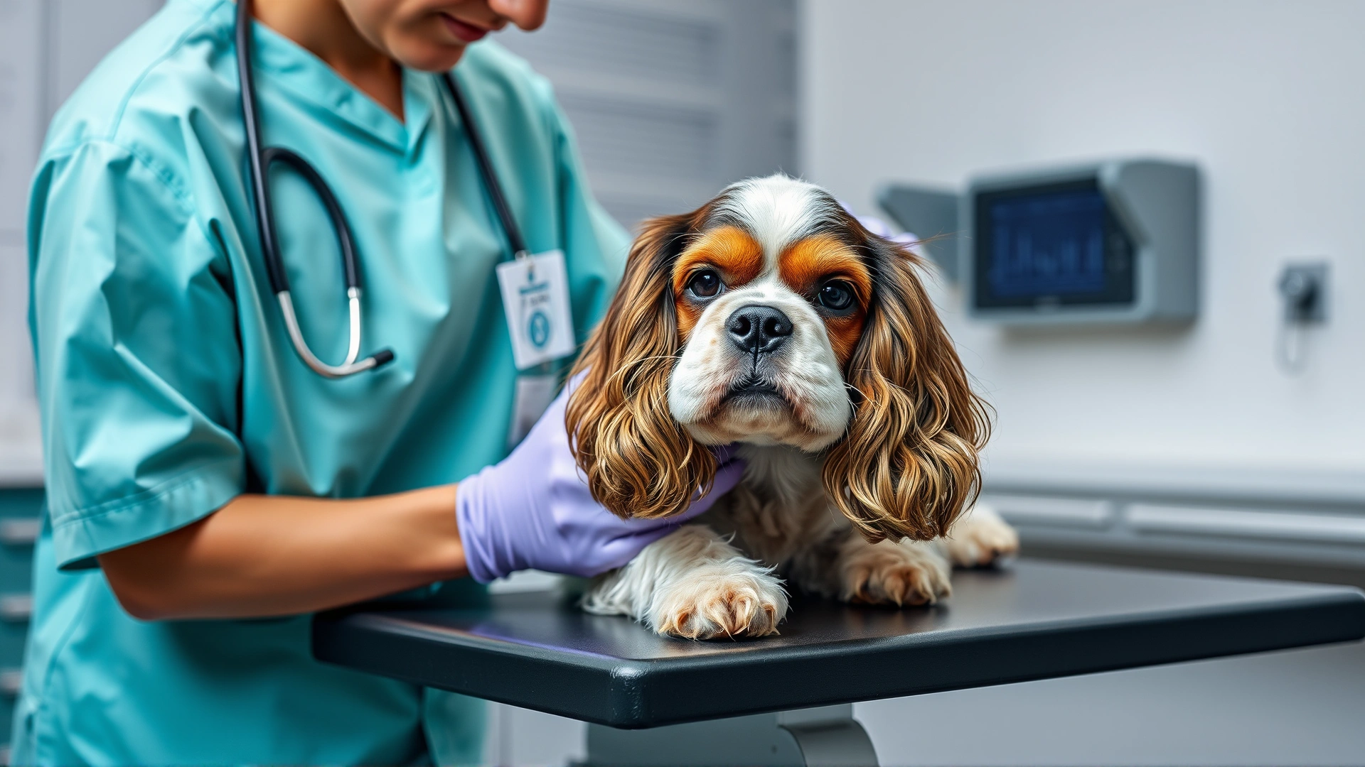 Veterinarian examining an English Cocker Spaniel on an exam table