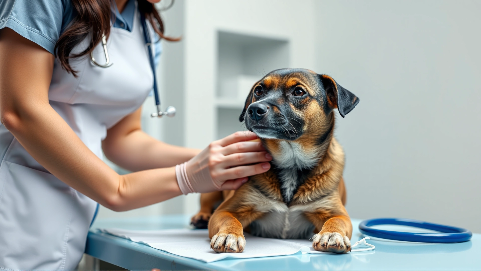 Veterinarian gently examining a medium-sized dog on the clinic table, showing a caring and professional environment.