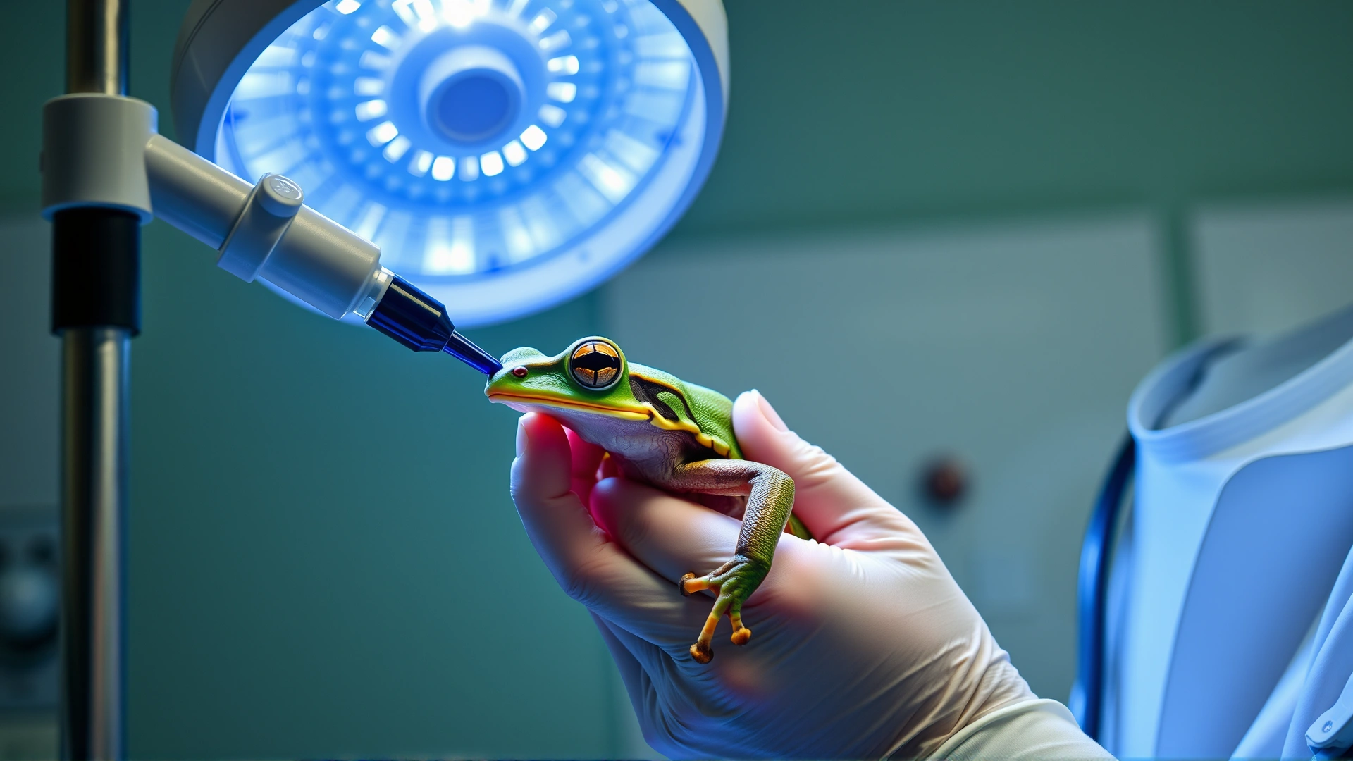 Exotic animal veterinarian gently examining a green tree frog under a bright clinic lamp
