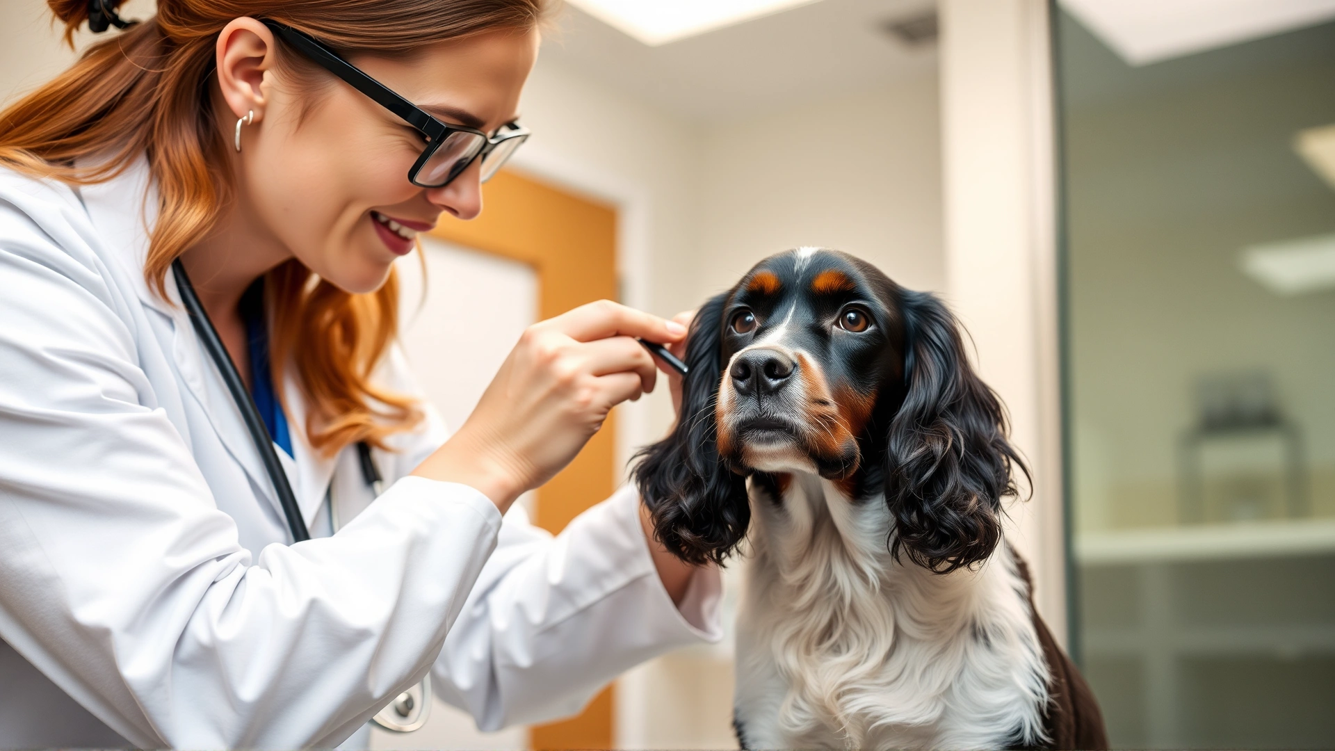 Veterinarian performing an ear examination on a calm Field Spaniel in a modern clinic.