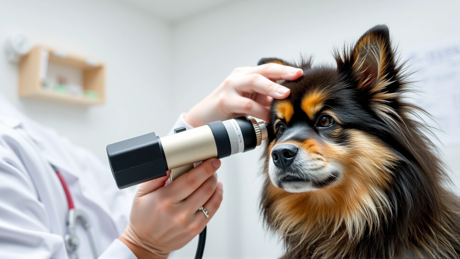 Veterinarian examining a Finnish Lapphund's eyes in a clean clinic environment, no text