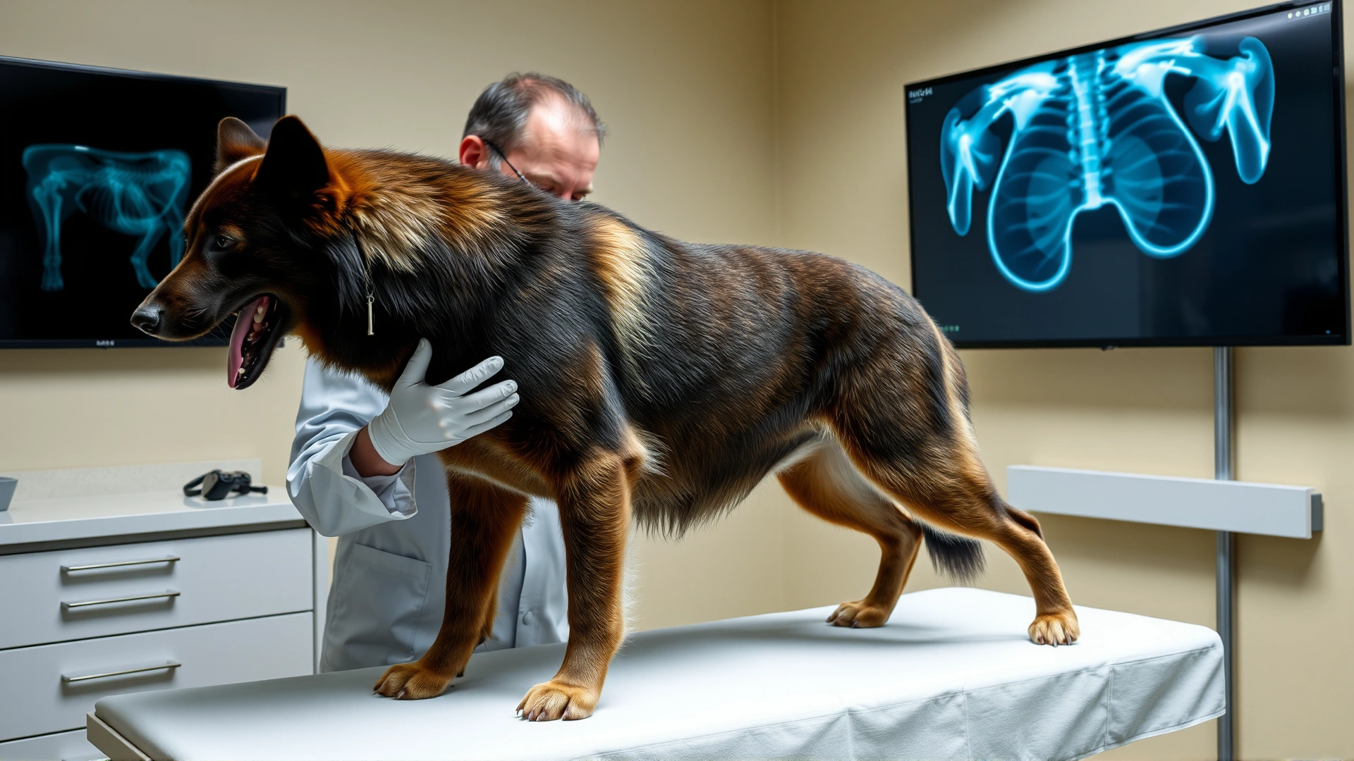 Veterinarian examining the hips of a Karelian Bear Dog on an exam table; hip X-ray visible on screen in background