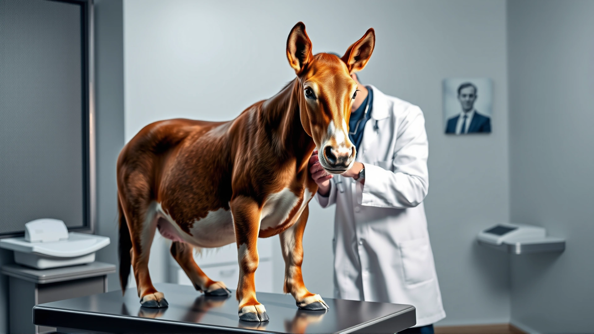 Rafeiro do Alentejo standing calmly on an examination table while a veterinarian in a white coat listens to its heart with a stethoscope in a modern clinic.