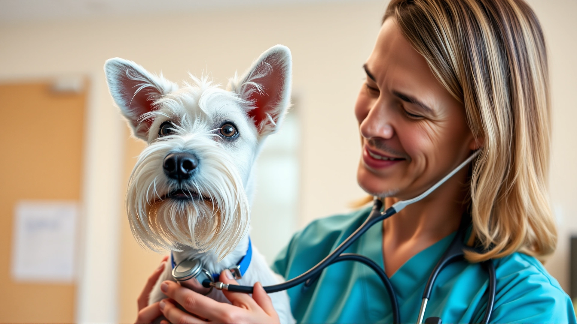 Veterinarian performing a routine health exam on a Bedlington Terrier in a bright clinic, stethoscope visible
